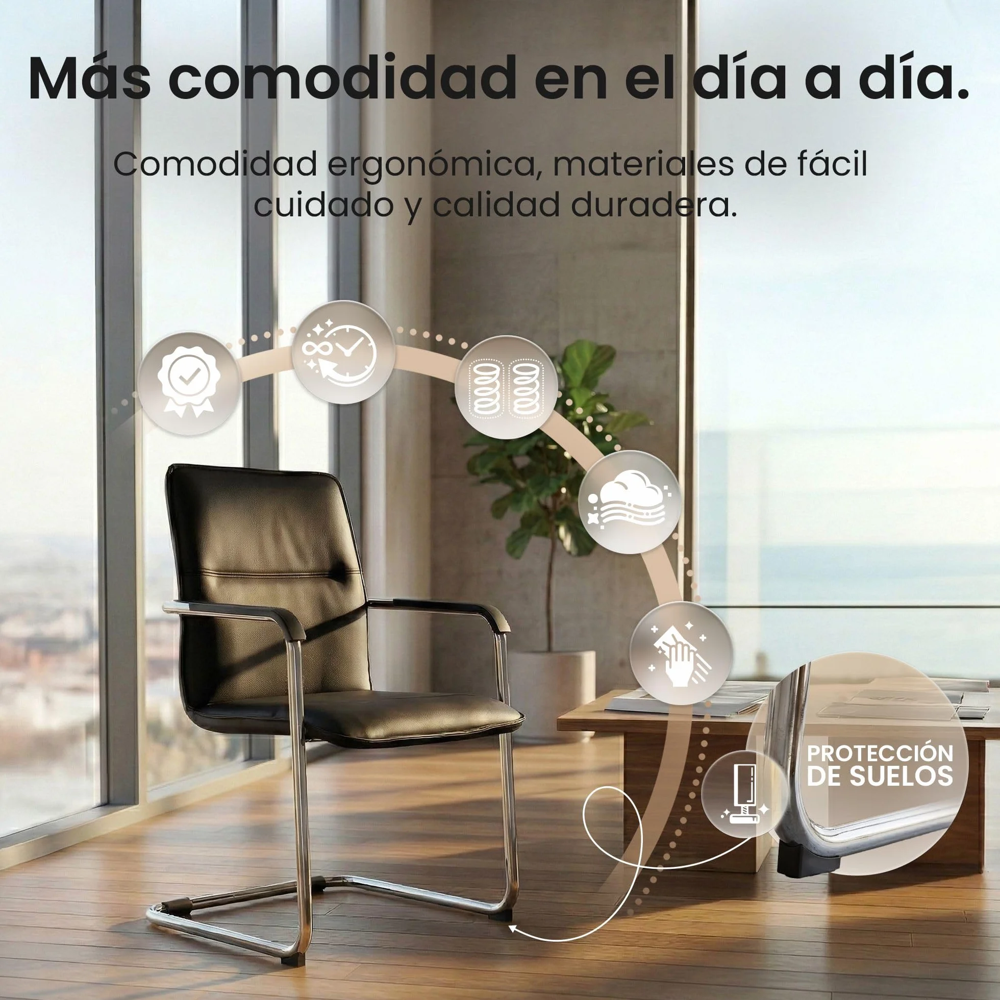 CLP Silla voladiza Seattle con reposabrazos, Silla de Comedor Moderna tapizada en Piel Sintetica, Estructura Metalica Efecto Cromo, Color:Negro