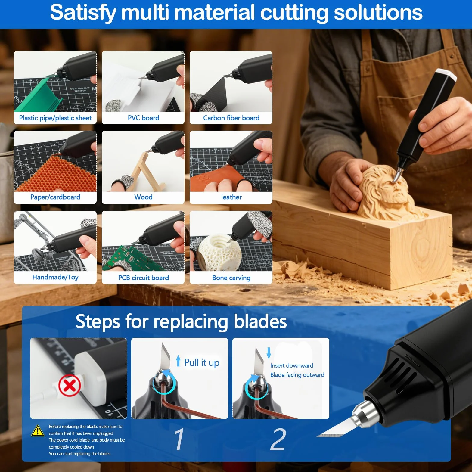 Cuchillo Cortador Ultrasónico, Cutter Profesional 2 en 1 con 70 Cuchillas Bolígrafo de Corte Ultrasónico de 45 W con Dos Niveles de Intensidad para Cortar Plástico Madera Resina y PVC