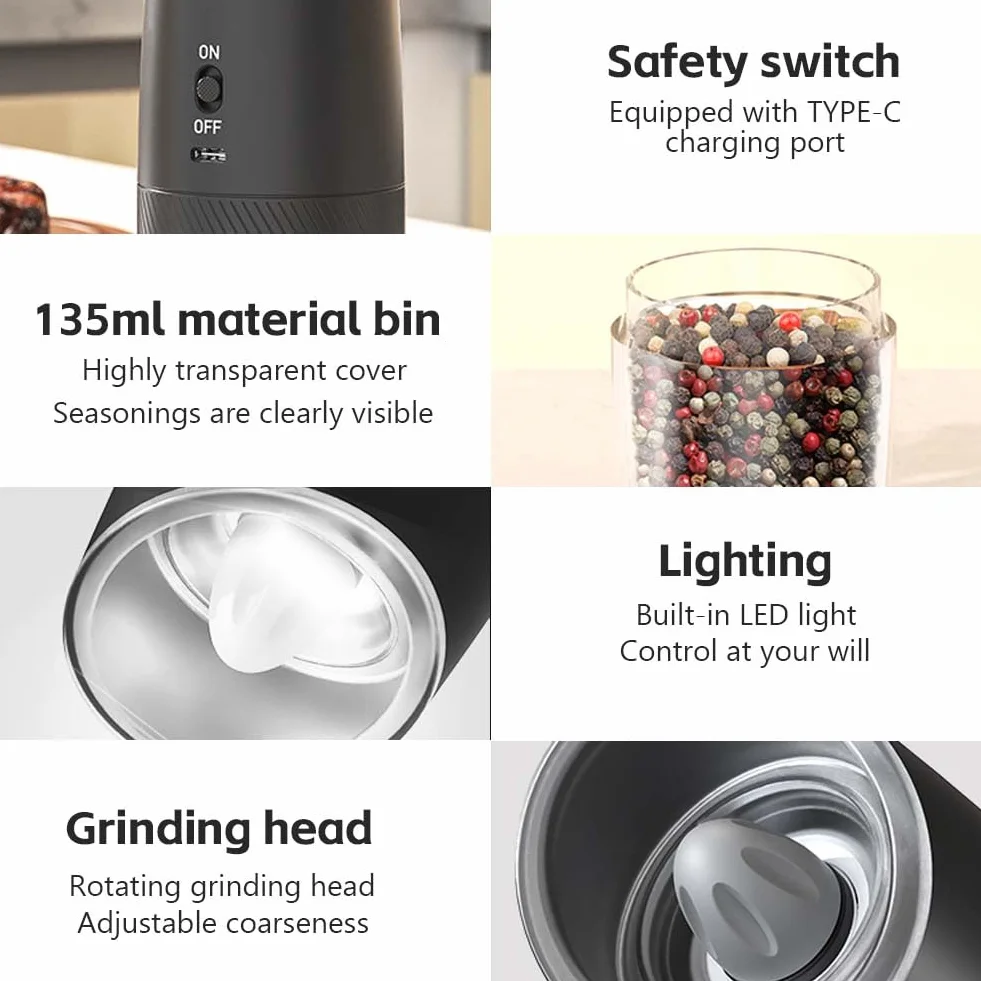 HOTUT 2 Piezas Molinillo Pimienta Electrico, Núcleo de Cerámica Grosor Ajustable Molino de Especias con Luz LED, Détection de la gravité, Recargable por USB, con Cepillo y Paño de Limpieza - Negro