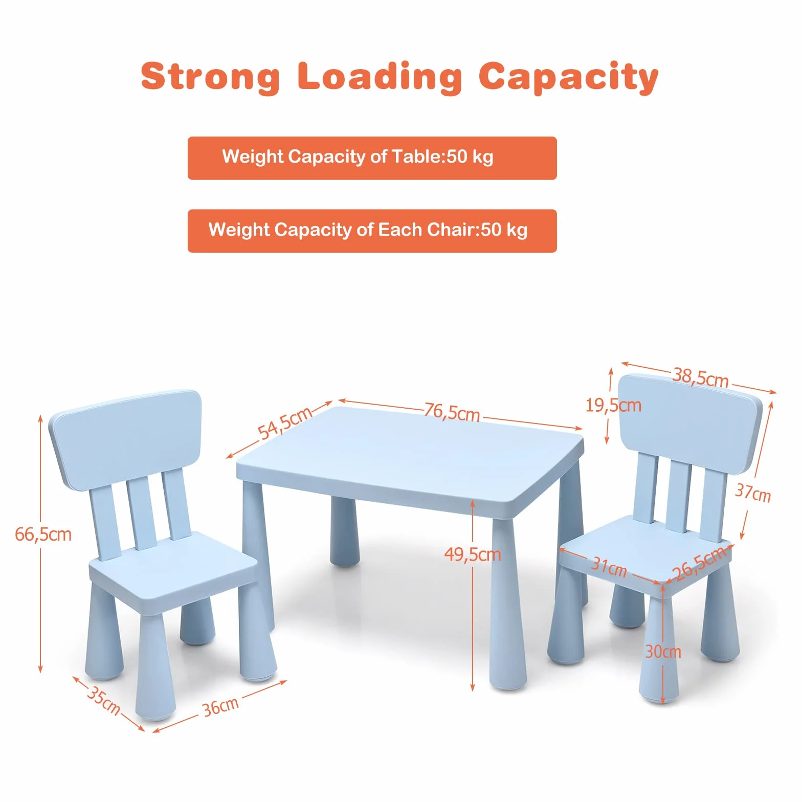 LIFEZEAL Juego de Mesa y Silla Infantil 3 Piezas, Mesa con 2 Sillas de Plástico para Niños 1-7 Años (Azul)