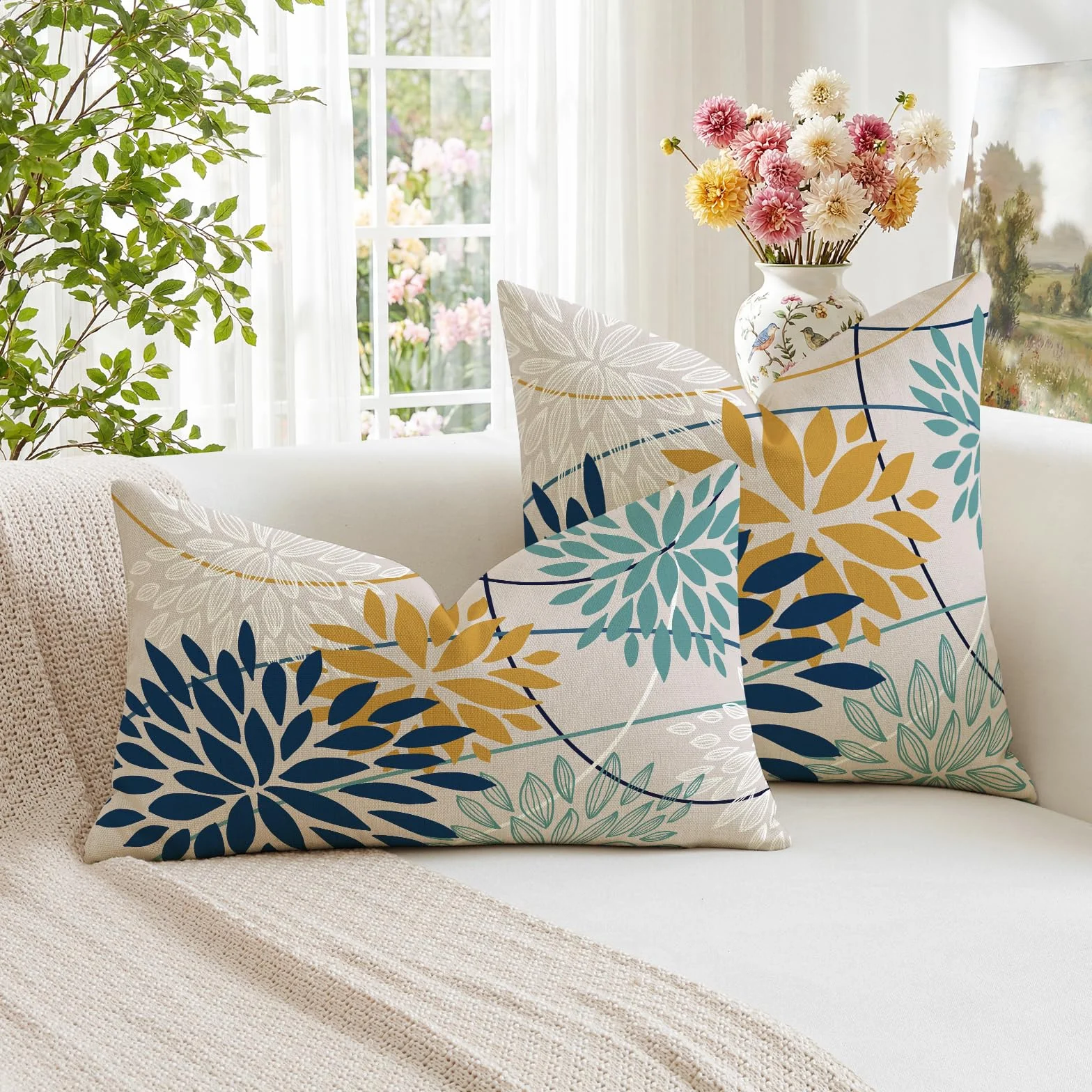 Artscope Funda de Cojín Decorativo 40 x 60 cm Flores Azul Amarillo Lino Geométrica