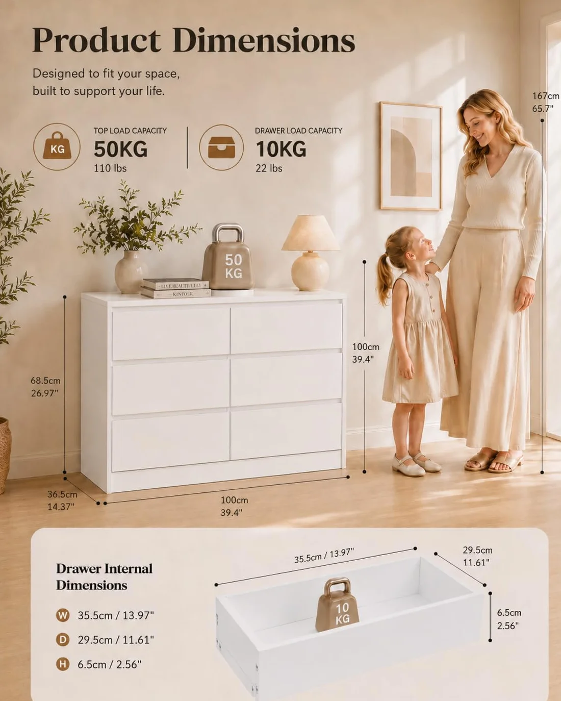 Comoda Dormitorio 6 Cajones, Cajonera Blanca 100 x 37 x 69 cm, Comoda Blanca Moderna, Muebles de Salon para Dormitorio, Pasillo y Habitación Infantil, Estilo Moderno