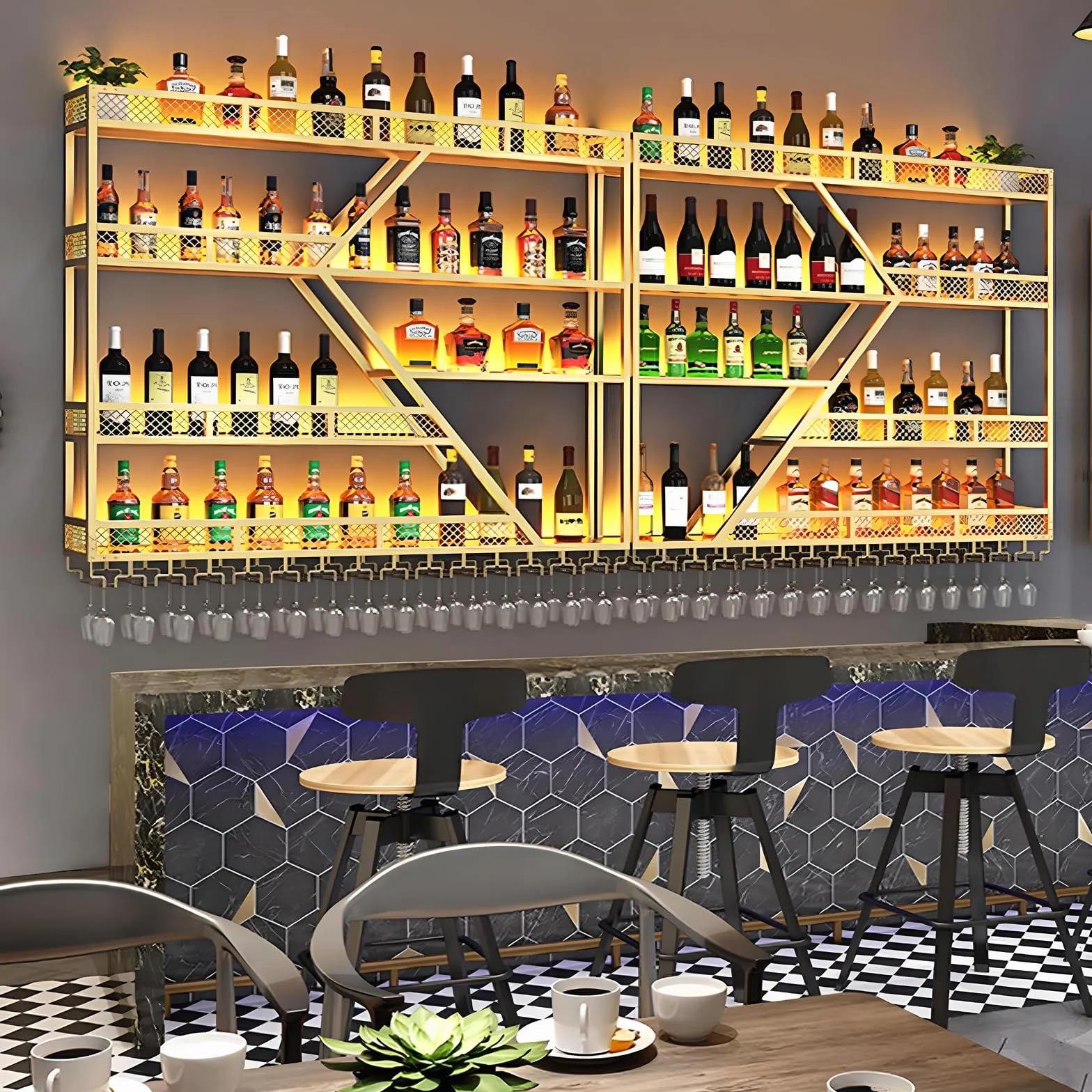 Botellero de Pared Metálico para Vinos, Moderno Botellero de Pared con Soporte para Copas, Estante para Licores y Estantes de Bar para Botellas de Licor (4 Capas Gold, 160 * 20 * 123CM)