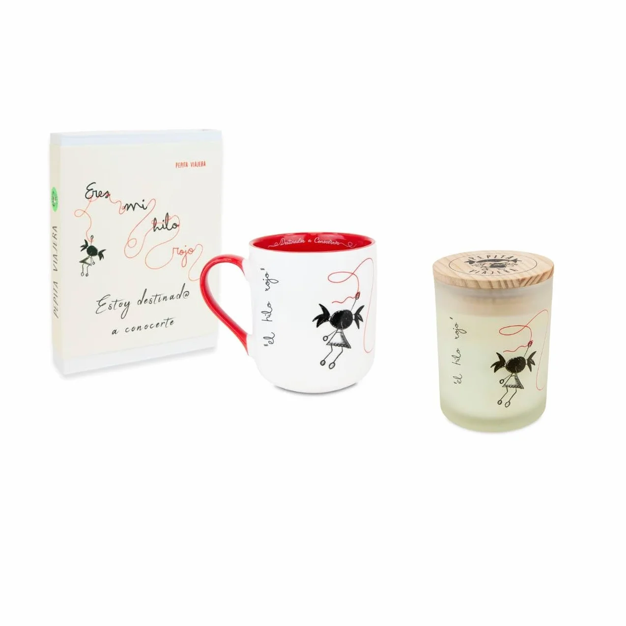 Pack Regalo Leyenda del Hilo Rojo, Taza Cerámica 380 ml + Vela de Soja Aromática + Set Pulseras con Lámina Ilustrada, Detalle Romántico para Pareja o Amistad