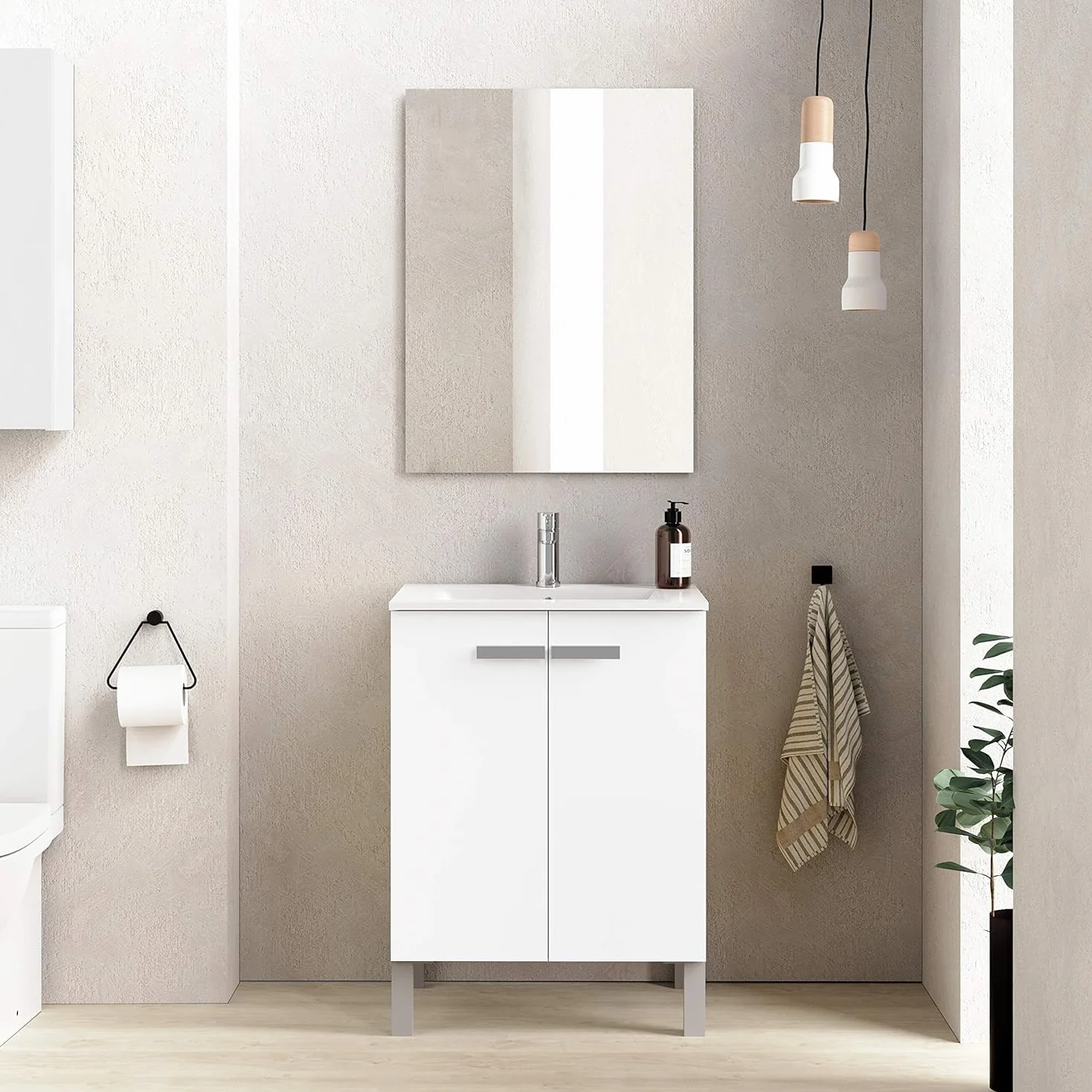 Baikal Mueble de Baño Neo, Dos Puertas, Mueble con Patas. Varios Acabados y Medidas. Melamina 16mm. Mueble MONTADO. 2 Puertas con Espejo 60 cm Blanco Mate