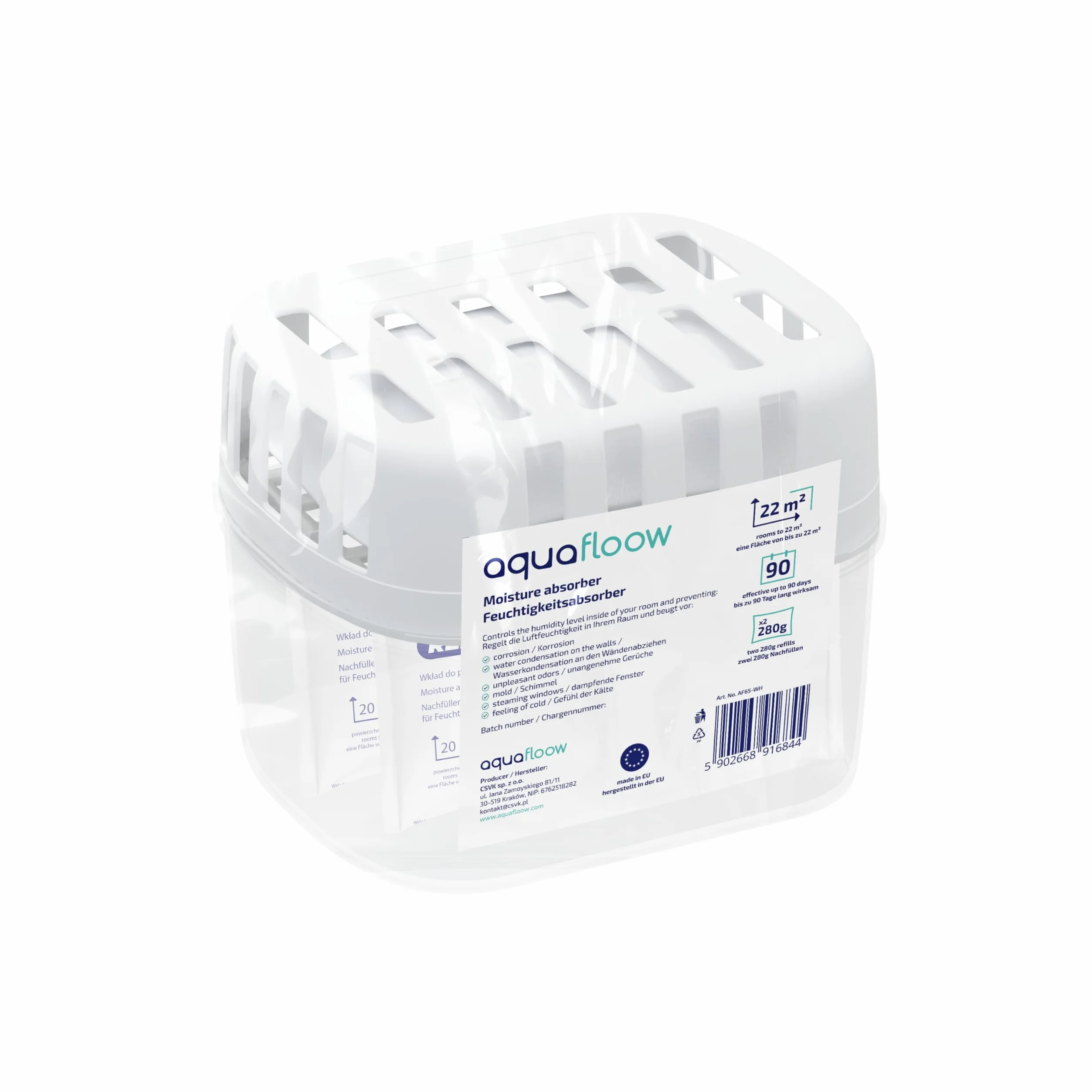 Aquafloow 4x Deshumidificadores + 8x Gránulos en Bolsa de Recarga de 280g, Bolsas de Recarga para Deshumidificadores, Paquetes de Recarga | Previene el moho y los olores desagradables.