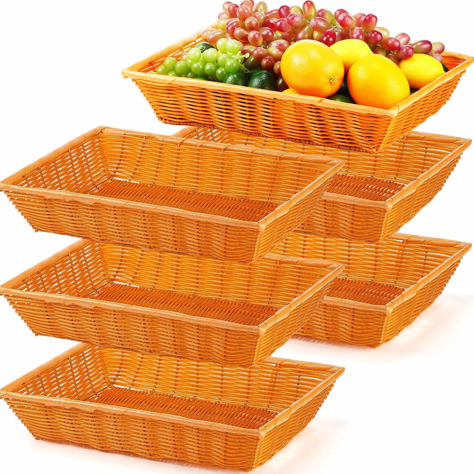 Tioncy Paquete de 6 cestas de pan de mimbre de poliéster, cestas de pan tejidas de ratán sintético de 16 pulgadas, cestas rectangulares apilables de mimbre de polietileno para alimentos, frutas,