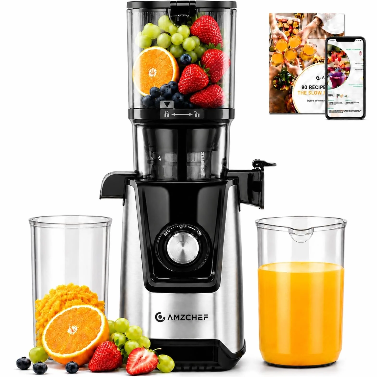 AMZCHEF Extractor de Zumos de Prensado en Frío Slow Juicer, Boca de Entrada de 120 mm, Extractor para Frutas y Verduras, Sistema de Doble Filtro, Función Inversa, Antigoteo, Fácil de Limpiar, Plata