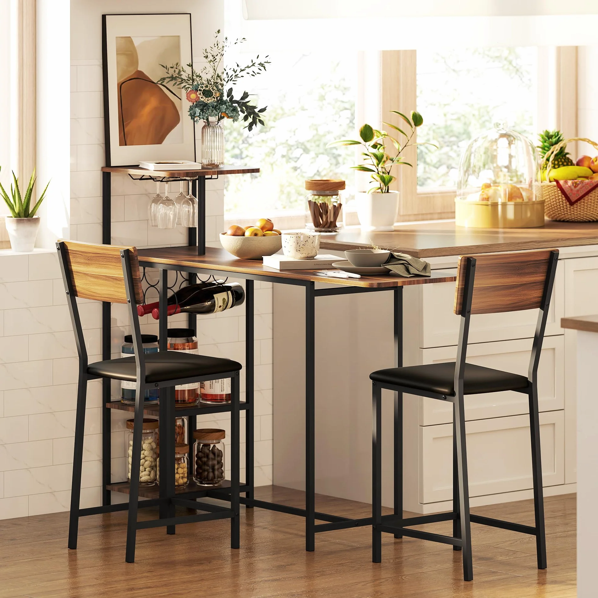 HOMCOM Juego de Mesa y Taburetes de Bar Mesa Alta de Cocina con 2 Taburetes Laterales Abatibles Soporte para Vinos y Estantes Estilo Industrial Marrón y Negro