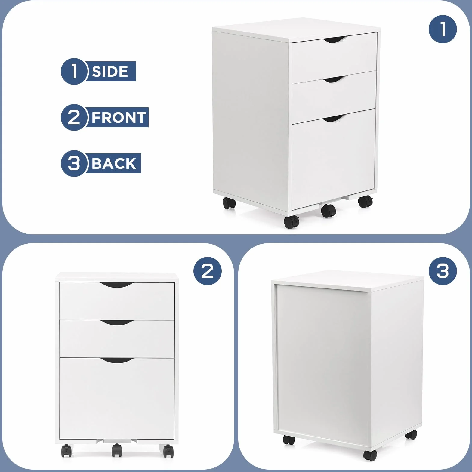 HollyHOME Armario de 3 cajones de madera con ruedas para colgar documentos, color blanco