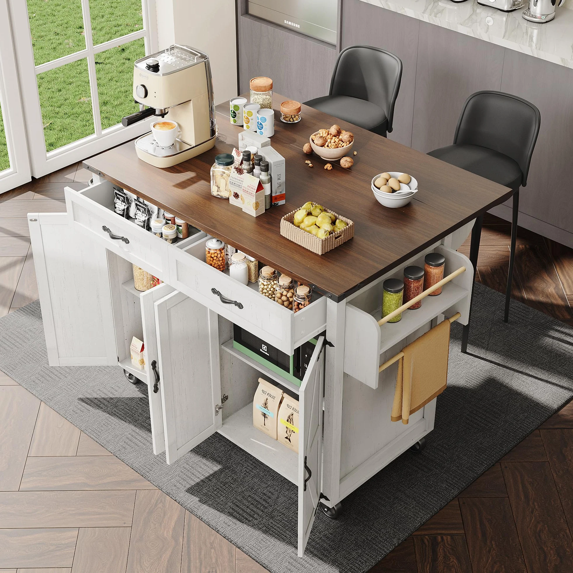 Isla de cocina con superficie de trabajo extraíble, mueble con cuatro puertas y dos cajones, carro de comedor