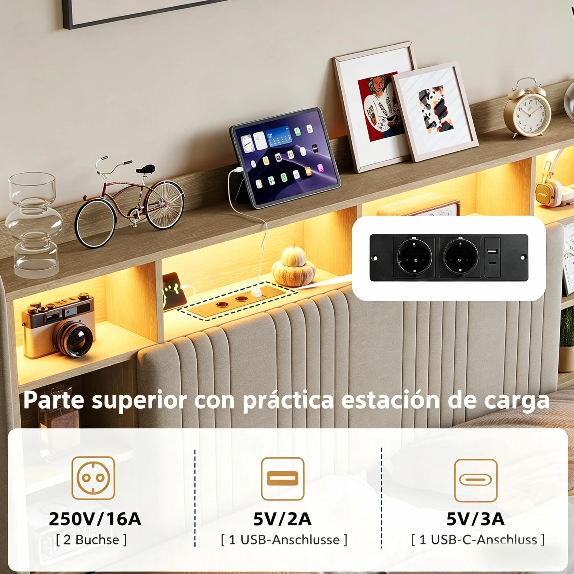 Cama Tapizada 140x200 cm con Luces LED y Estación de Carga USB/Tipo C, Estructura de Cama con Cajón y Cabecero con Almacenaje, Cama de Matrimonio de Lino con Somier de Láminas, Beige, Sin colchón