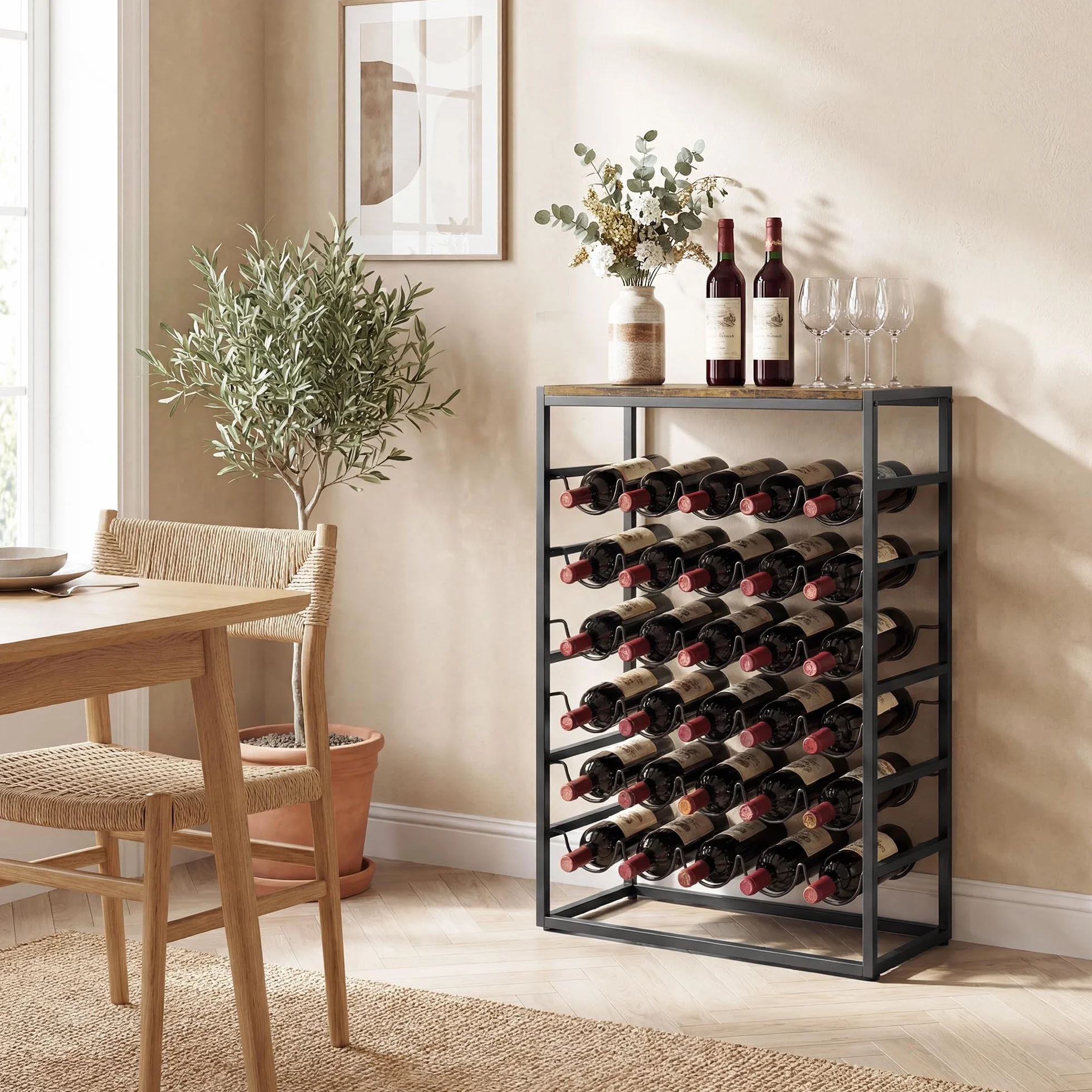 HOMCOM Botellero para 30 Botellas, Botellero para Vino de 6 Niveles con Encimera de Efecto Madera, Estilo Industrial, para Cocina, Comedor, Bar, 59x30x88,5 cm, Marrón Rústico