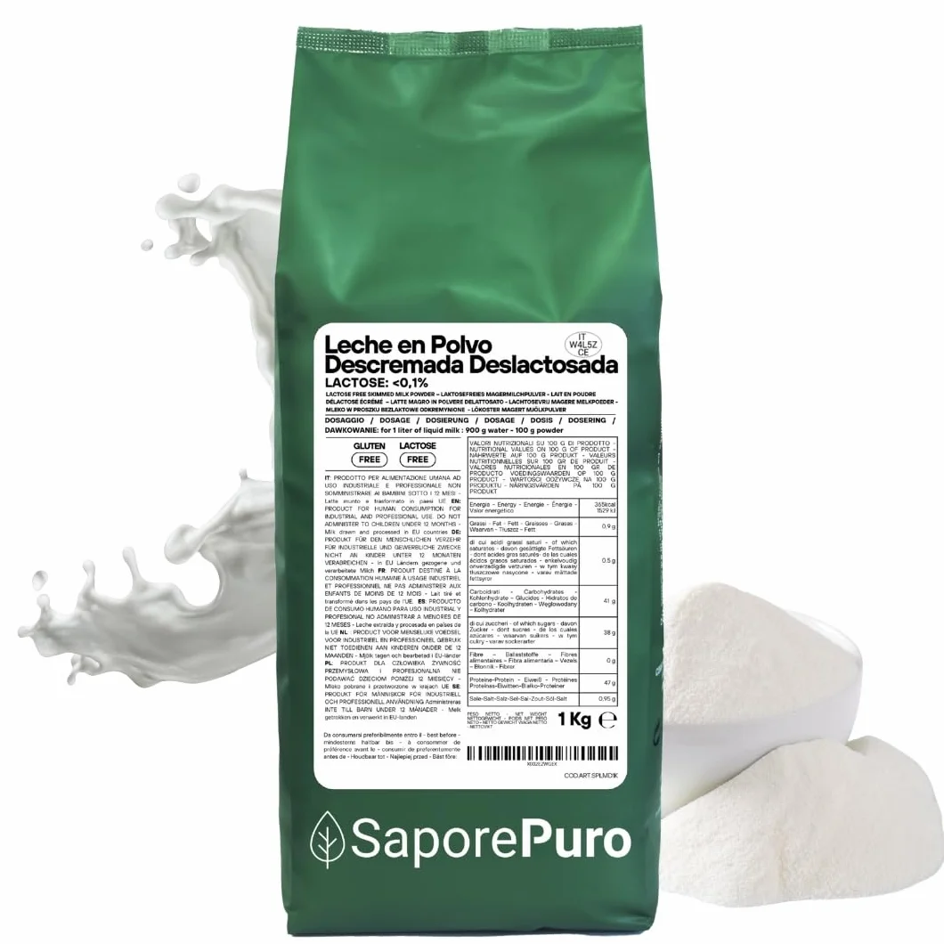 SaporePuro Leche Desnatada en Polvo Sin Lactosa 1 kg – Ideal para Pasteles, Pan y Helados, Uso Profesional e Industrial