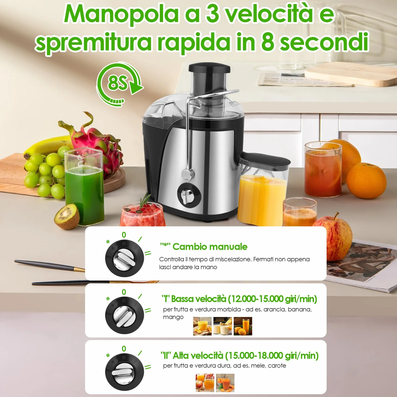 Dreamhigh® Extractor de Zumos, Licuadora para Verduras y Frutas 800W de Acero Inoxidable, Extractor de Zumos y Verduras con Boca de 65 mm, 3 Velocidades, de Ajuste Apto Para Zumos de Frutas y Verduras