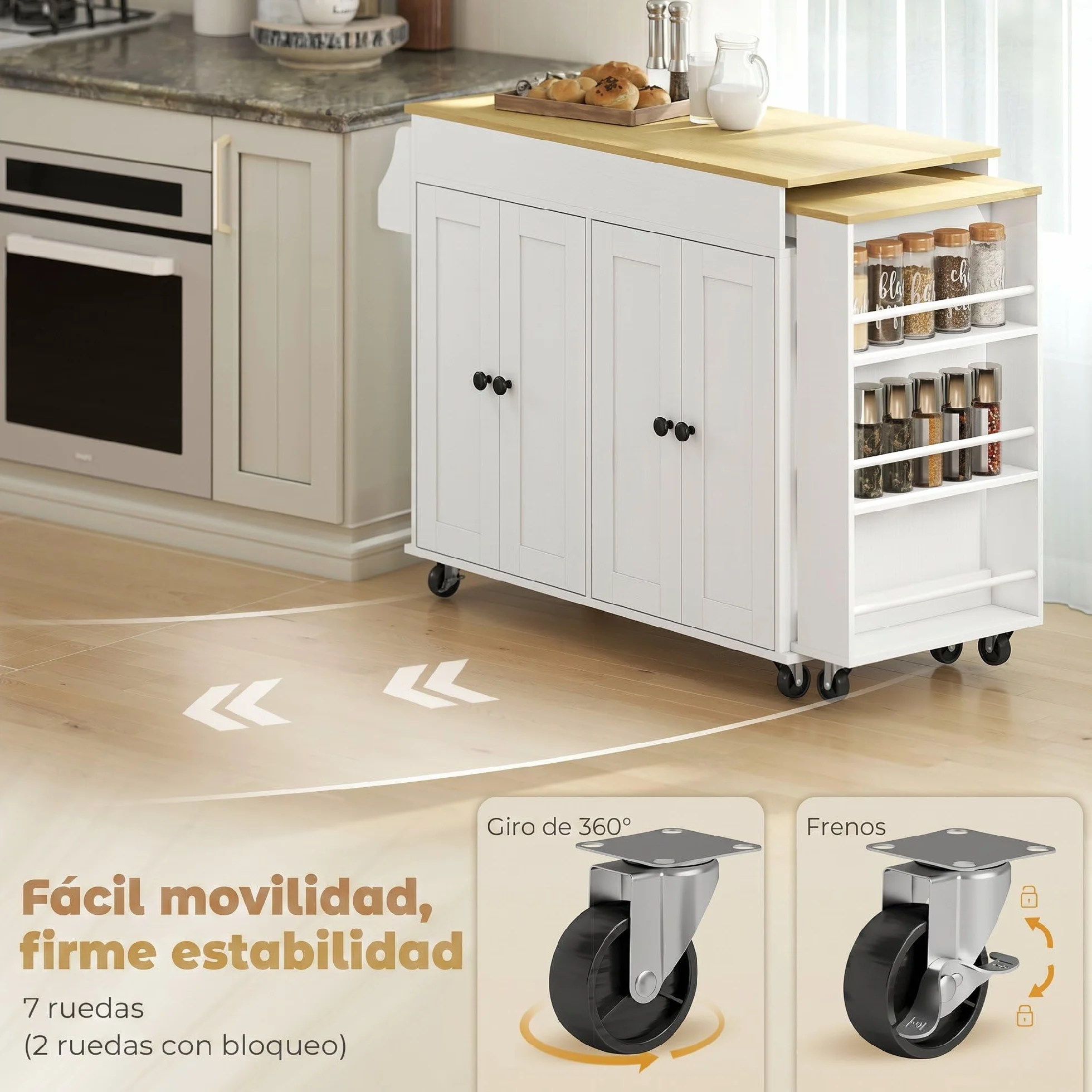 HOMCOM Isla de Cocina con Ruedas, Encimera Extensible, Carro de Cocina con 4 Puertas, Estantes Ajustables, Estantería Lateral Abierta, Especiero y Soporte para Toallas, para Comedor, Blanco