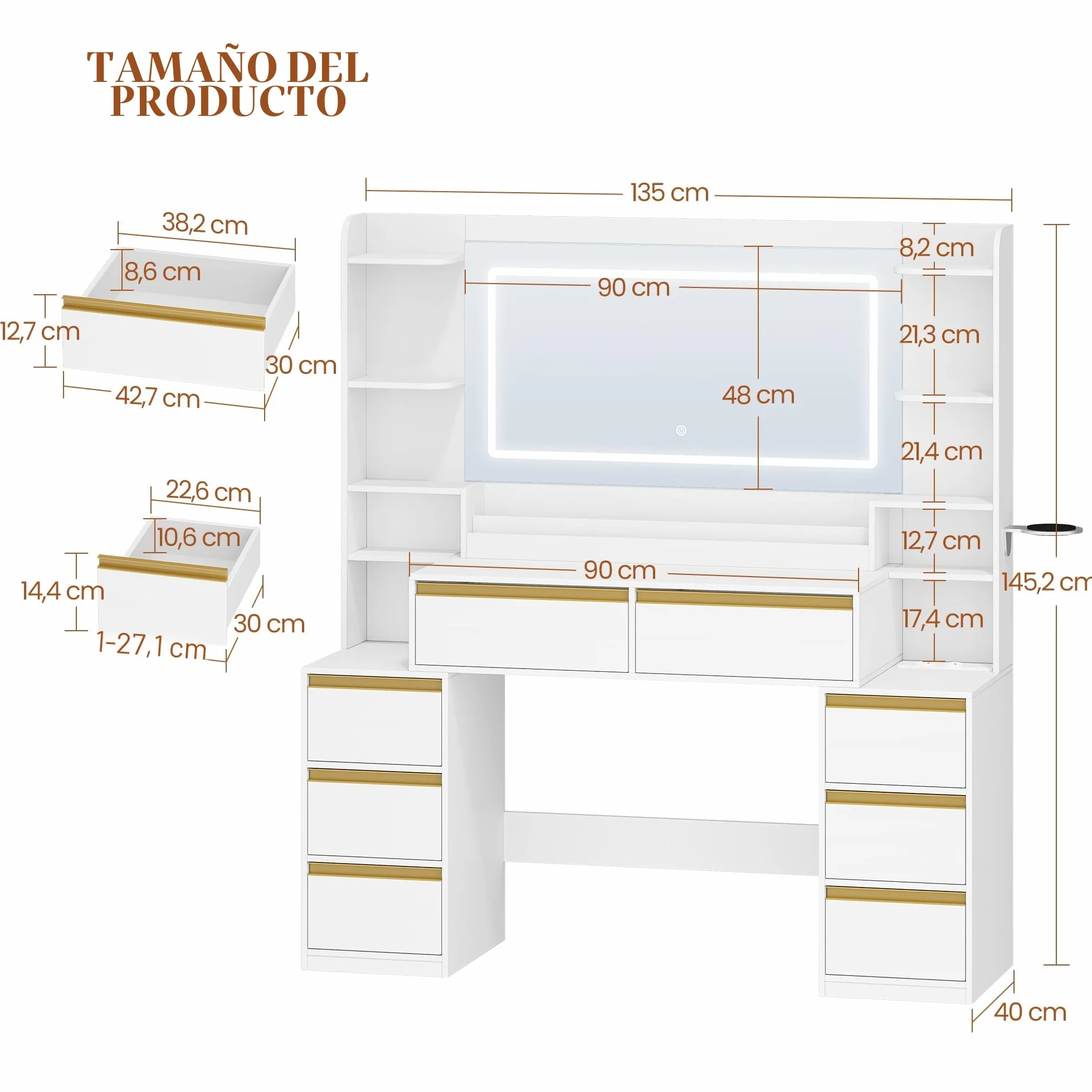 Tocador de Maquillaje con Luz LED, 135 cm, 8 Cajones, Blanco-Dorado