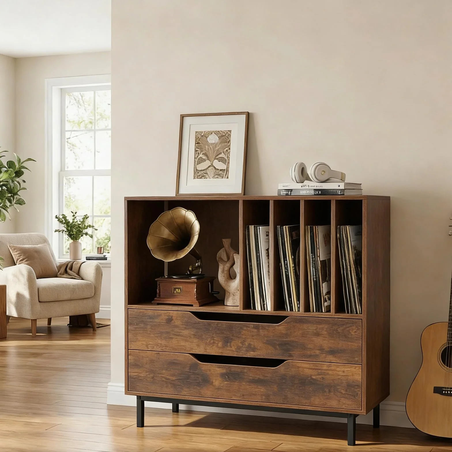 KOMFOTTEU Mueble para Tocadiscos con 2 Cajones, Soporte de Vinilo, Patas de Metal, 91x36x87 cm Marron