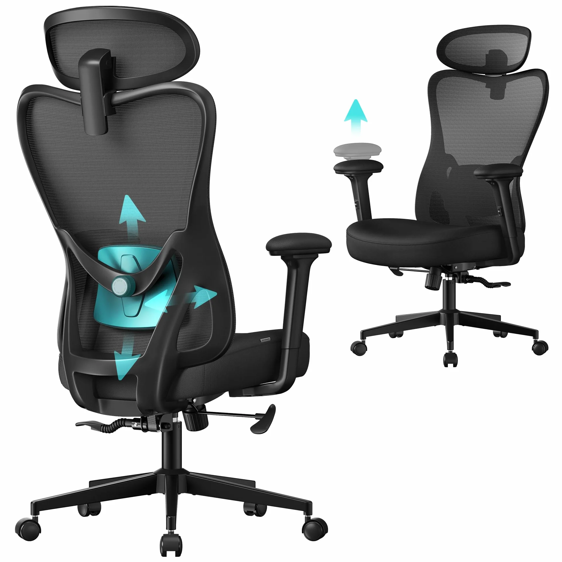 SONGMICS Silla de Oficina Ergonómica, Reposacabezas y Soporte Lumbar Ajustables, 150 kg, Altura Ajustable, Negro Tinta OBN066BH01