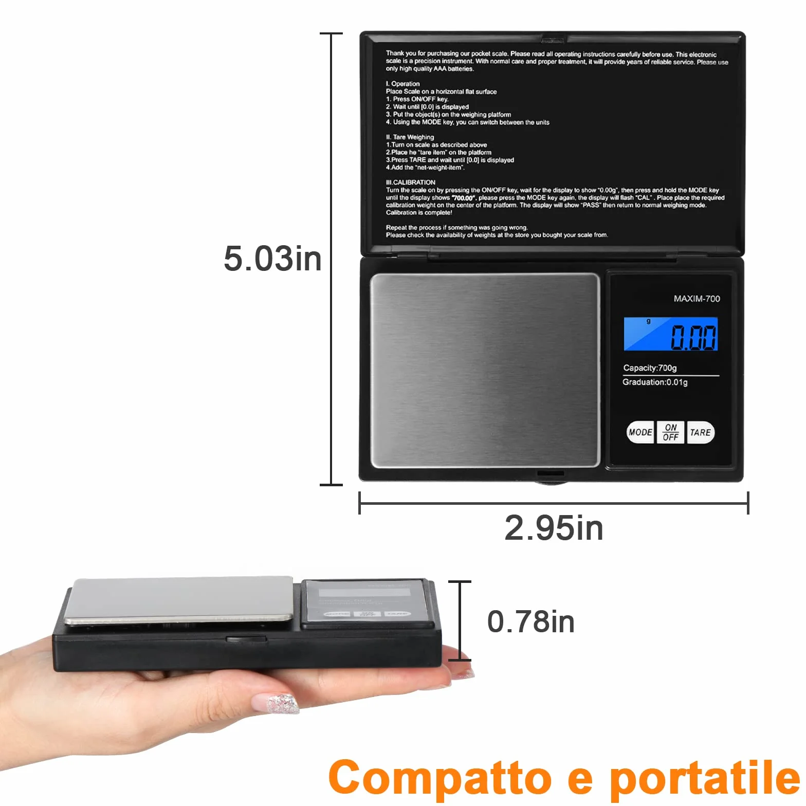 Vinabo Báscula de Alta Precisión 700g / 0.01g, Balanza de Alimentos Multifuncional, Función Tara, para Ingredientes, Cocina, Joyería, Negro