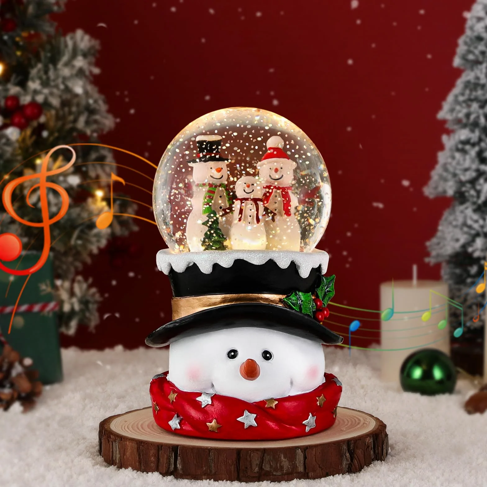 Lewondr Globo de Cristal Nieve Navideño, Hombre de Nieve, Spinning Glow y 8 Canciones, Caja Musical Árbol Navidad, Alimentado por la Batería Lámpara de Navidad