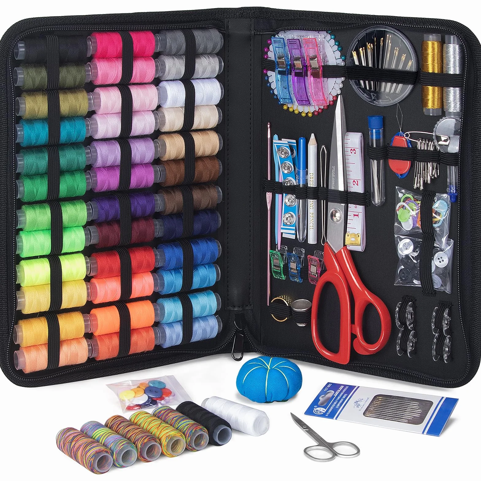 Kit de costura grande, 200 piezas de agujas y kit de hilo de costura, antiarañazos, durable Oxford funda de costura para adultos, reparación del hogar y bricolaje, kit de costura portátil de viaje