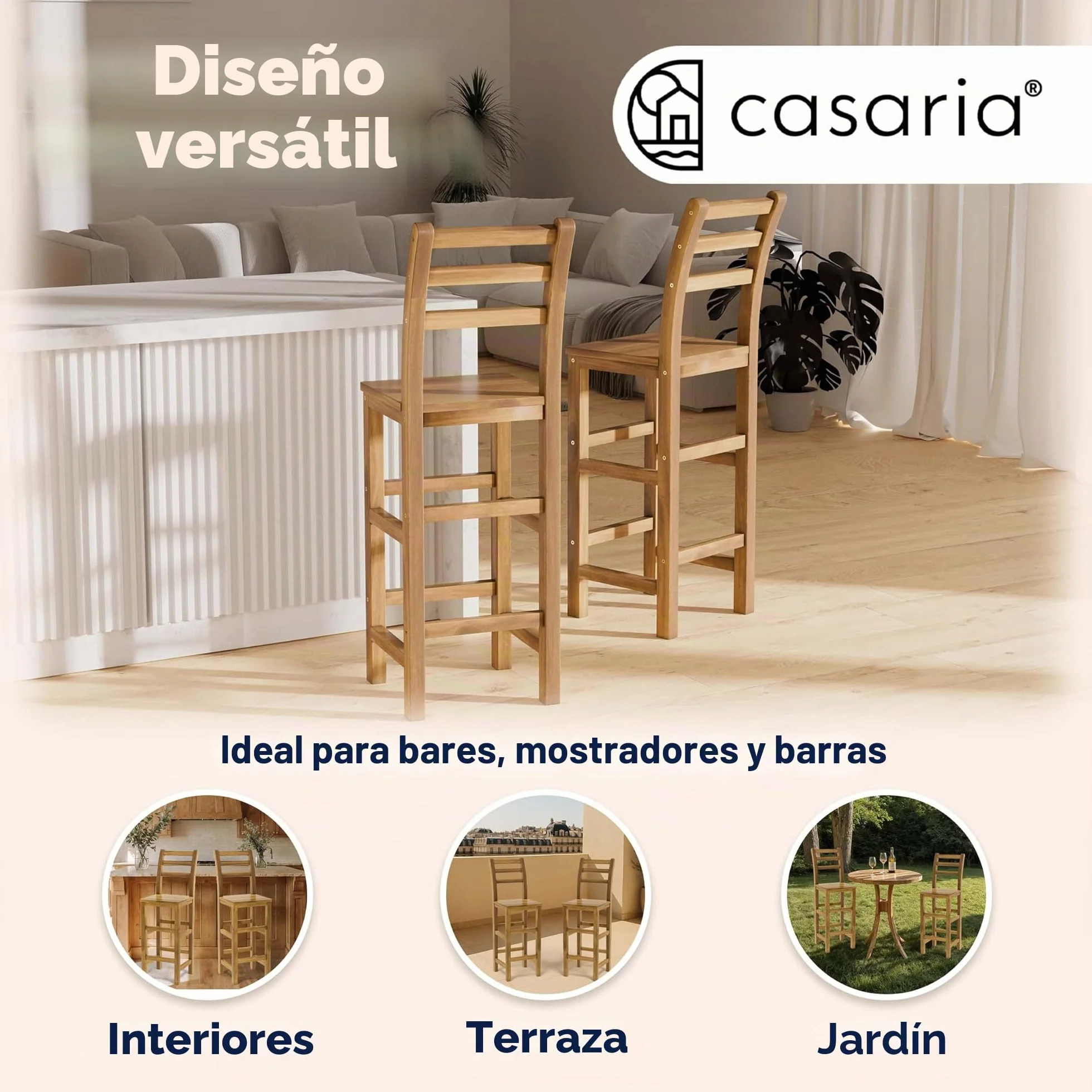 CASARIA® 2X Taburetes de Bar Altos con Respaldo Altura de Asiento 75cm Madera de Acacia Sillas de Cocina