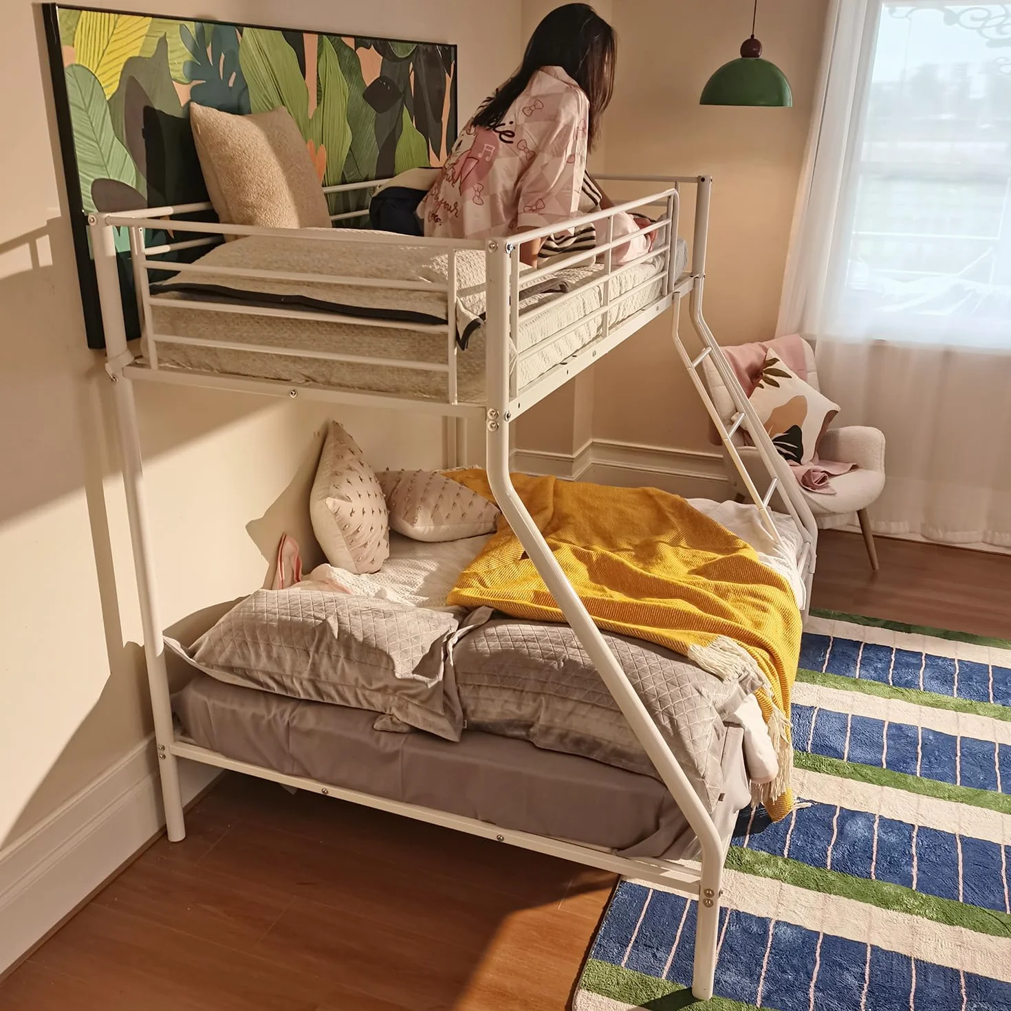 MEUBLE Cosy Litera 3 Personas Marco de Camas Infantil 90 & 140x190cm de Metal con Somier Barandilla y Escalera Estructura Tubular para Niño Dormitorio Casa, Blanco