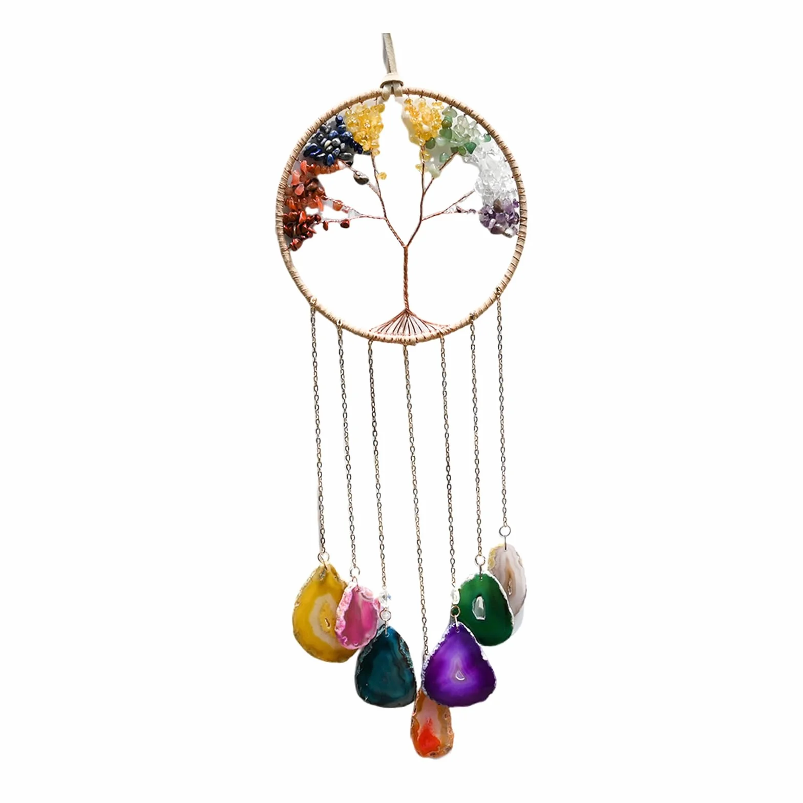 7 Chakra Campana de viento Árbol de la vida de discos de ágata natural, campana de viento de cristal hecha a mano para exterior e interior, decoración de pared con piedras preciosas.