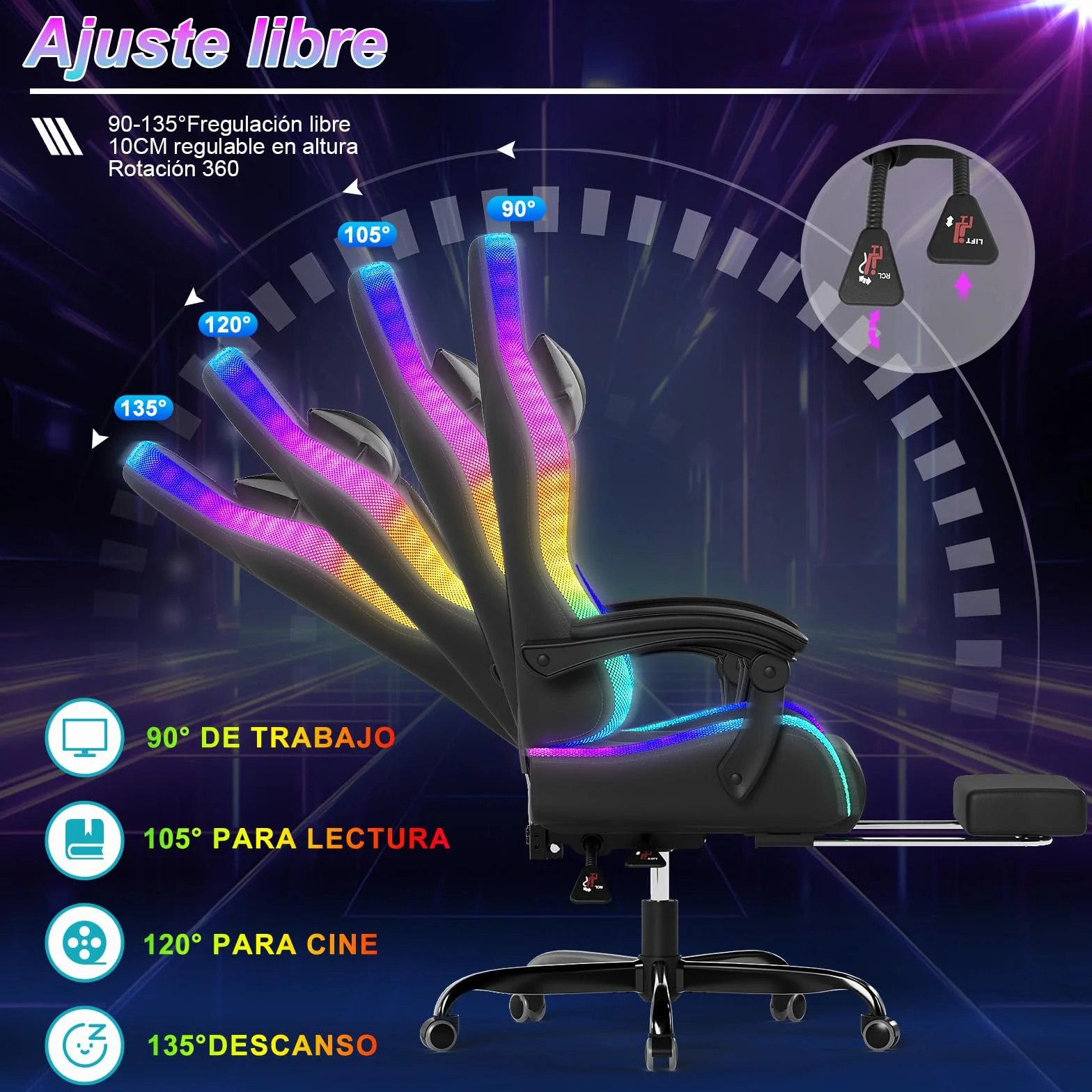 Devoko Silla Gaming con Masajeador y LED Ergonómica Oficina Reposapiés Iluminación RGB (Gray)