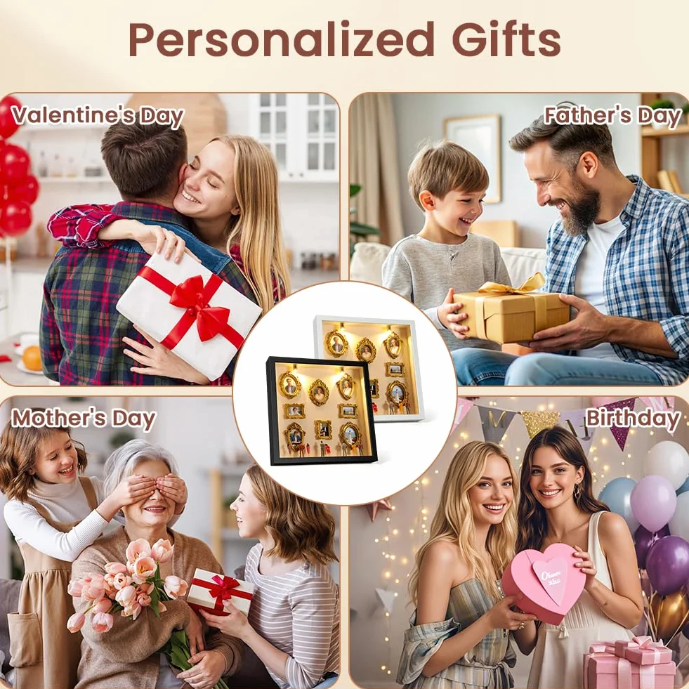 Aolso DIY Mini Museum Silhouette Box, Cuadros Cajas de Sombra de Foto Personalizada con 8 Cifras de Museo y 8 Marcos Dorados, Luces Led, para Decoración del hogar, Aniversarios, Cumpleaños, Negro