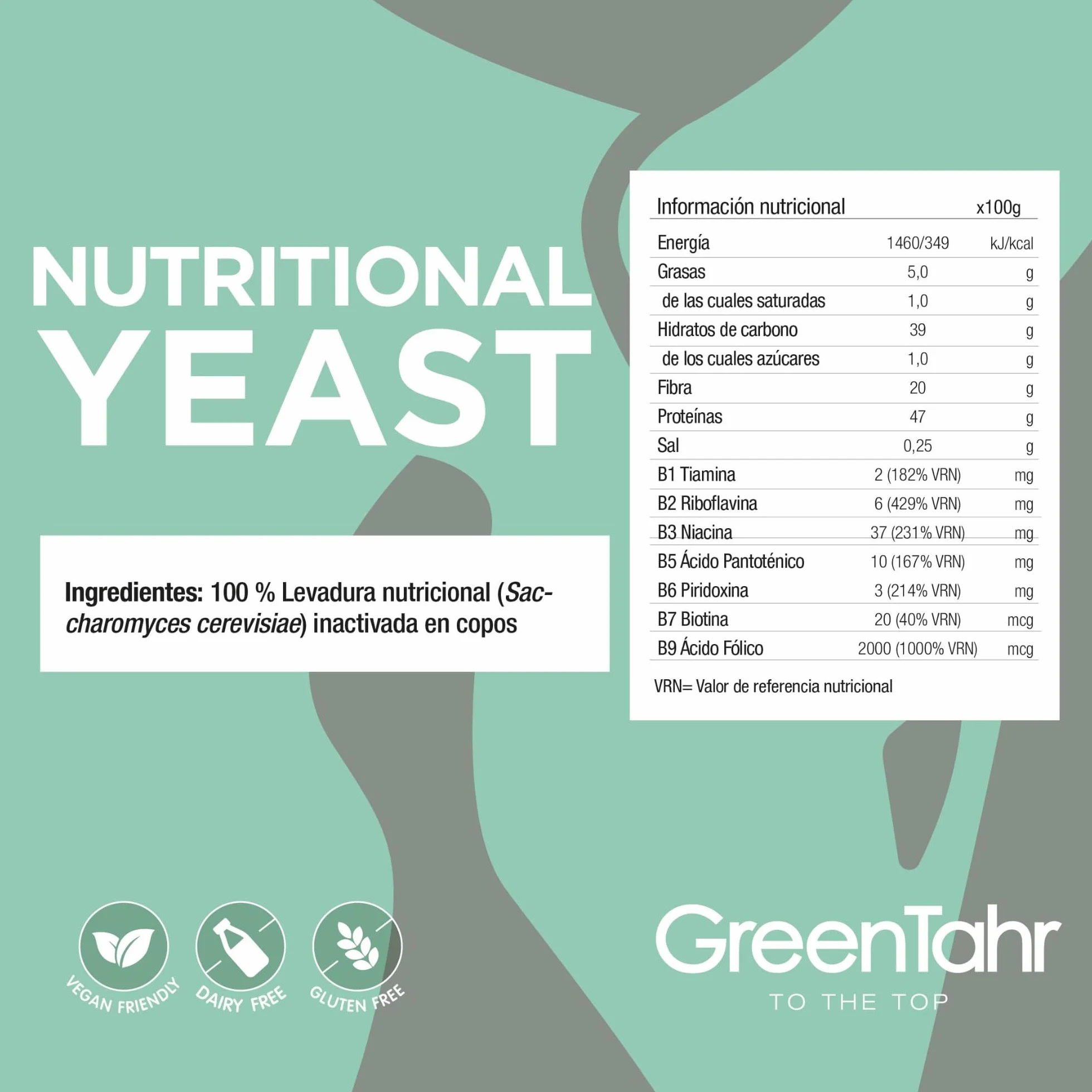 Green Tahr Levadura Nutricional 500g Nutritional Yeast en Copos Rica en Vitamina B y Proteínas 47% Sin Gluten Sin Lactosa