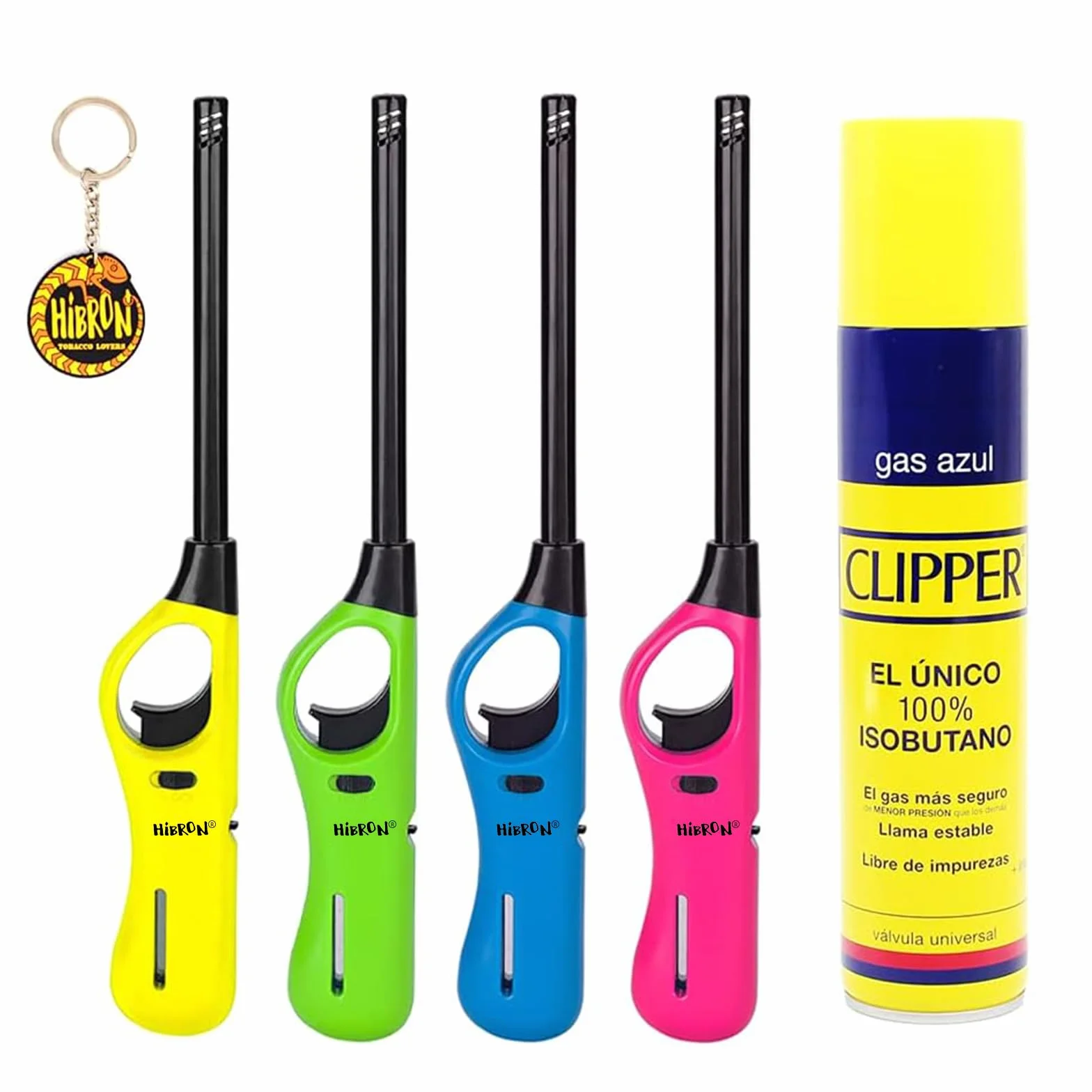 Clipper 4 Encendedores Mecheros Cocina Barbacoa + 1 Botella Gas 300 ml + 1 Llavero, Gas Sirve para Recargar Soplete de Cocina