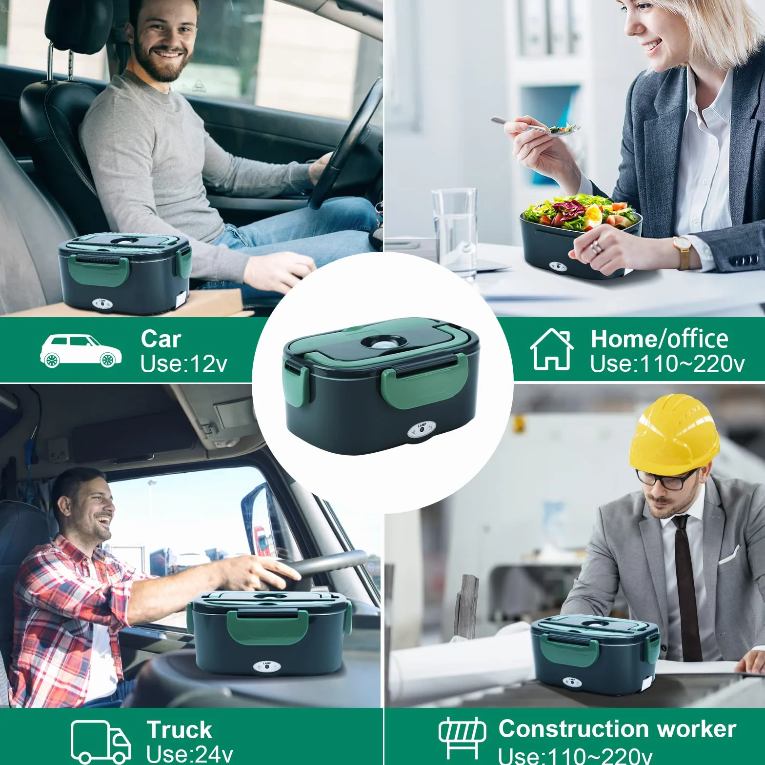 Fiambrera Eléctrica 12V/24V/220V-240V 60W 1.5L Acero Inoxidable Calentador de Comida Portátil con Termo