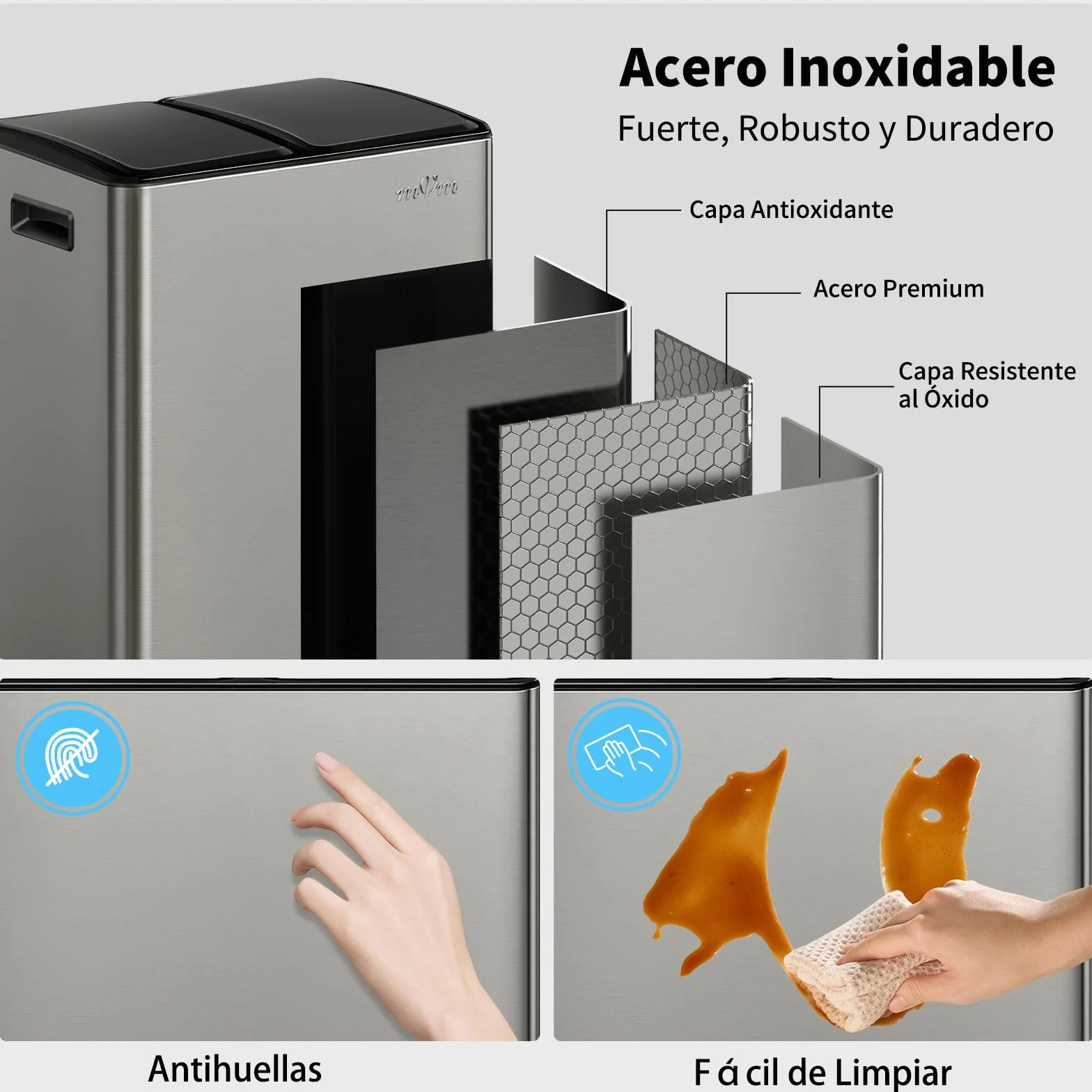 mVm Cubo de Basura para la Cocina, 2 Compartimentos 2 x 30L Cubo de Basura Cocina, Papelera Moderna y Robusta, Cierre Suave, para Cocina, Salón, Gris