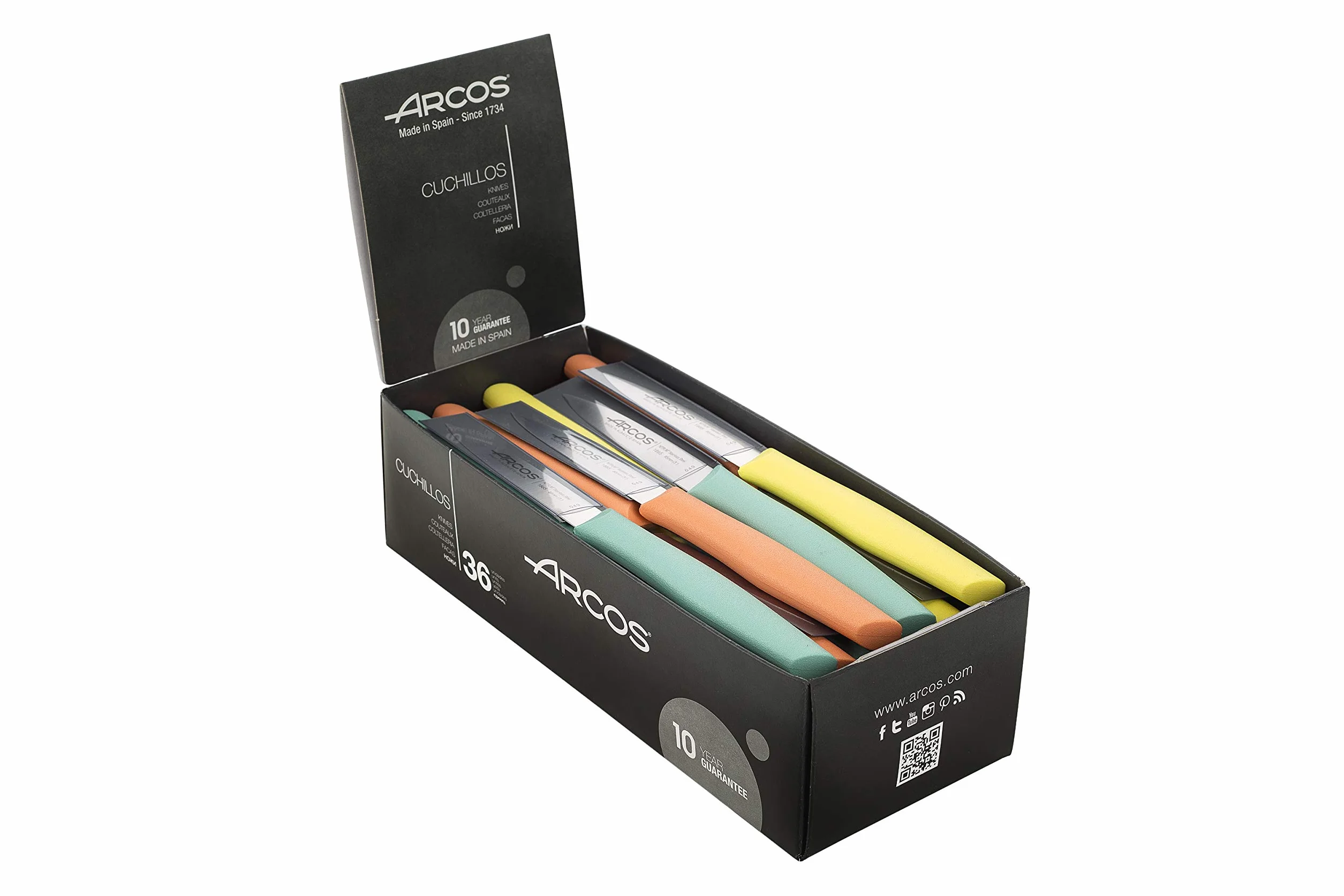 Arcos Set Cuchillos Mondadores de Cocina. Juego de 36 Piezas Acero Inoxidable, para Pelar Frutas y Verduras. Mango Ergonómico Polipropileno. Serie Nova. Naranja. Amarillo y Coral