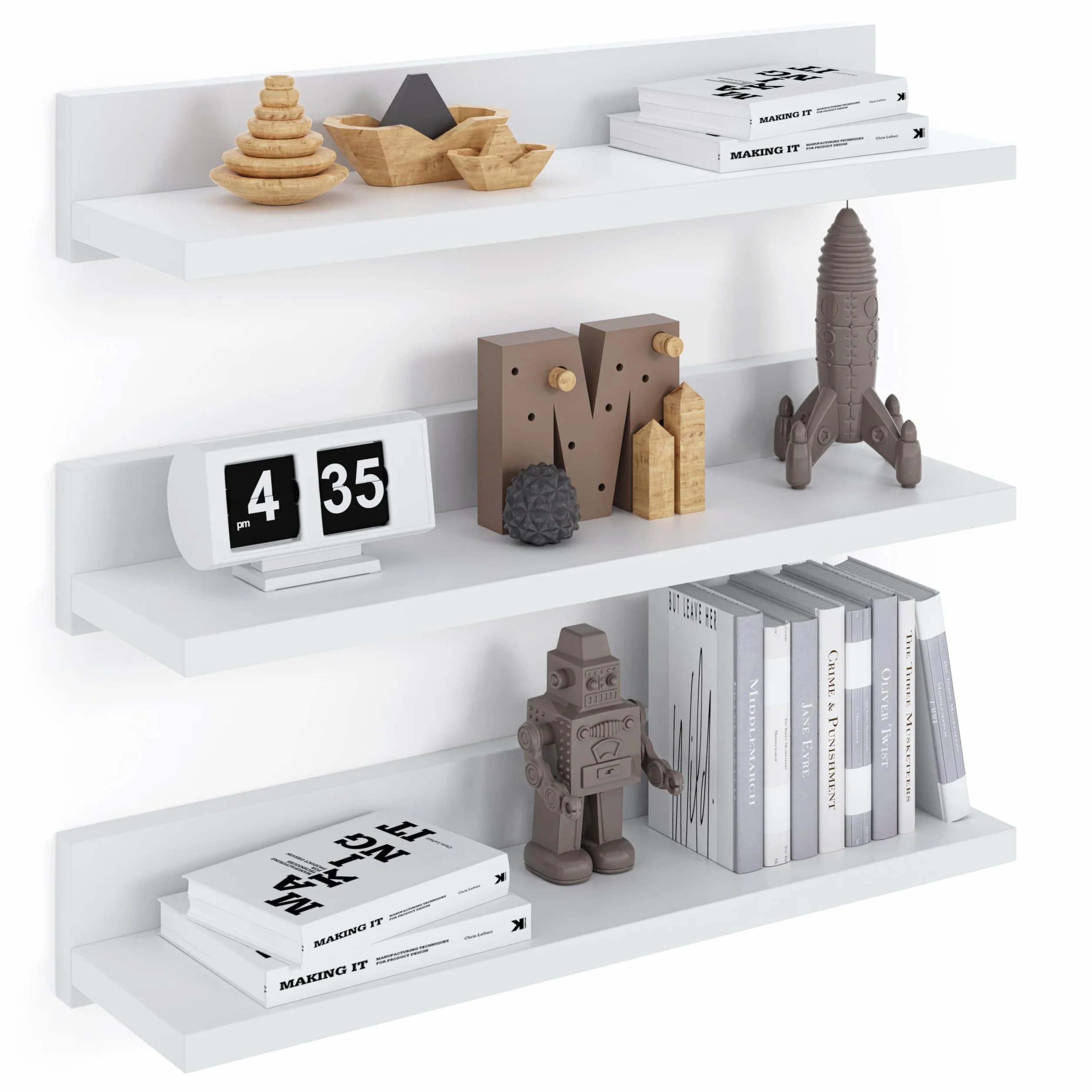 Estante de Pared 39cm, 3 Estantes Flotantes Blancos, Juego para Dormitorio y Cocina