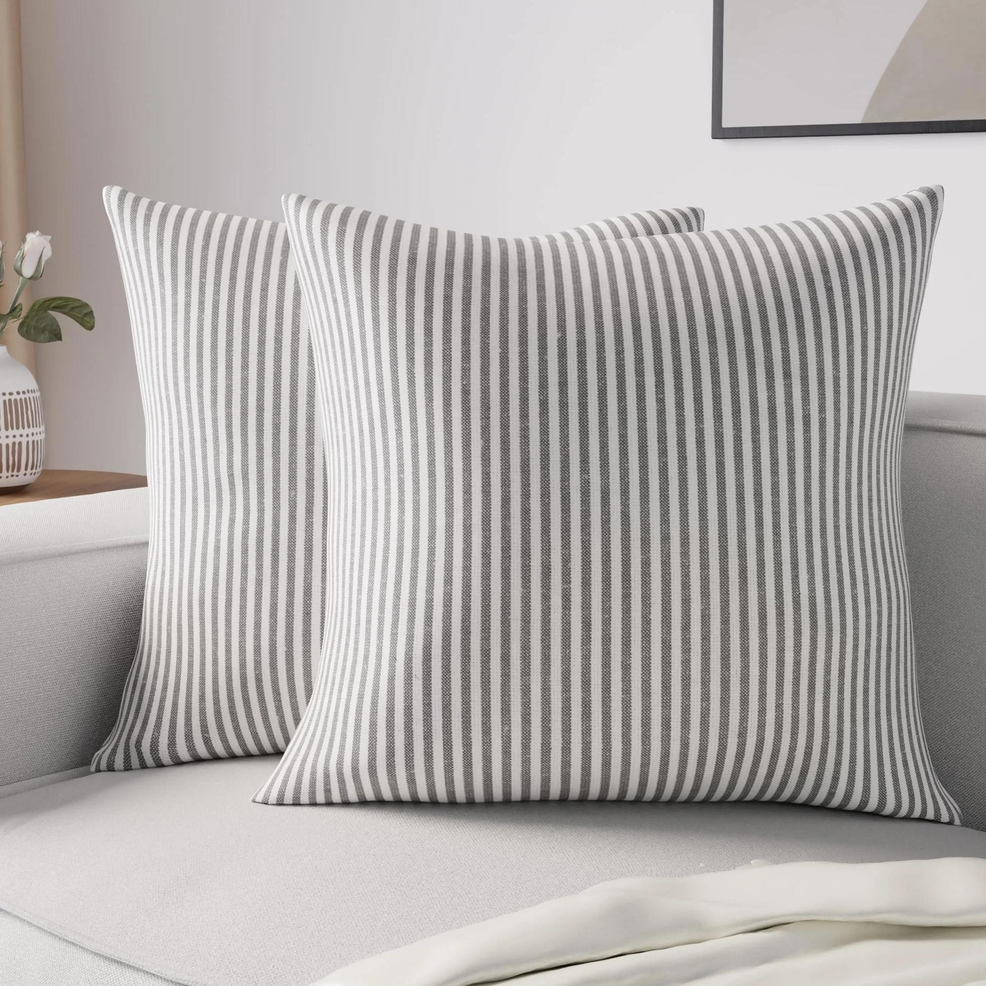 Encasa XO Fundas de Almohada 2 Piezas 40x40 cm Ticking Negro Lona de Algodón Suave Cojín Decorativo Hogar