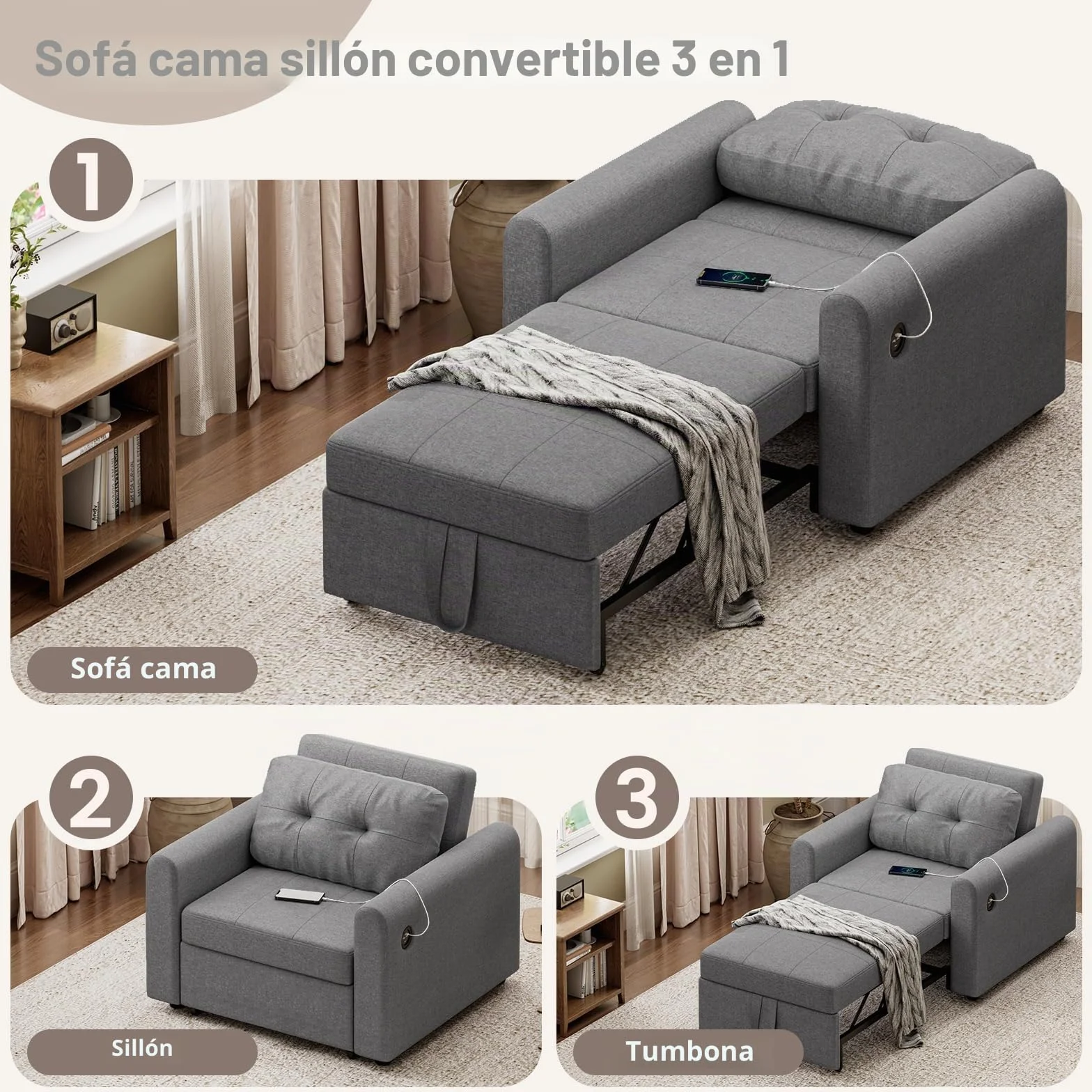 Sofá Cama 3 en 1 Convertible con USB y Puerto Type-C, Sillón Cama con Respaldo Ajustable en 3 Posiciones y Cojín, Bolsillo Lateral, Soporta 200 kg, Ideal para Apartamento y Salón, Gris Oscuro