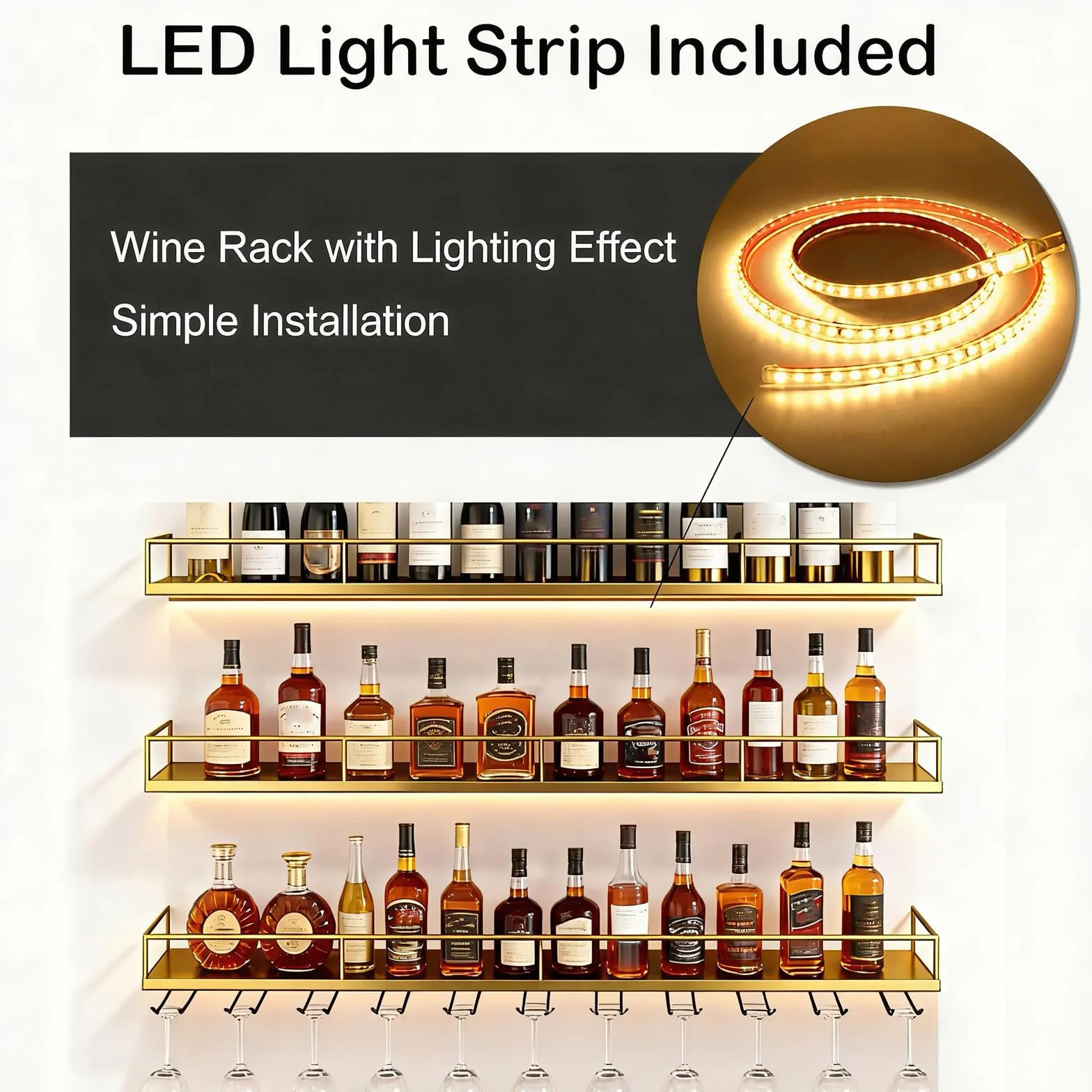 Portabotellas de Pared con Luces LED y Portavasos - Exhibidor de 3 Estantes para Vino, Estructura Metálica, 120cm, Oro