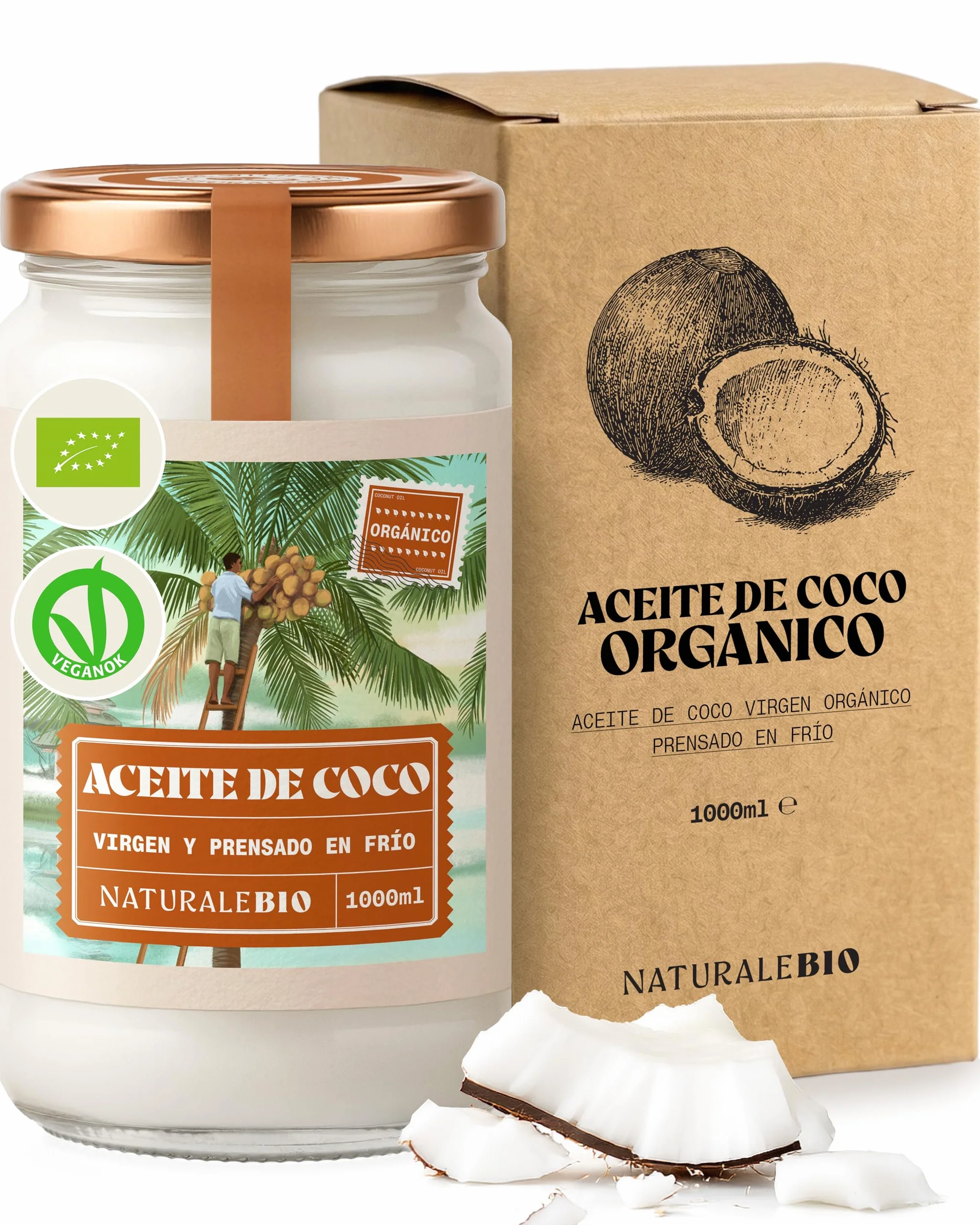 NaturaleBio Aceite de Coco Ecológico Virgen 1000 ml Crudo Prensado en Frío Orgánico