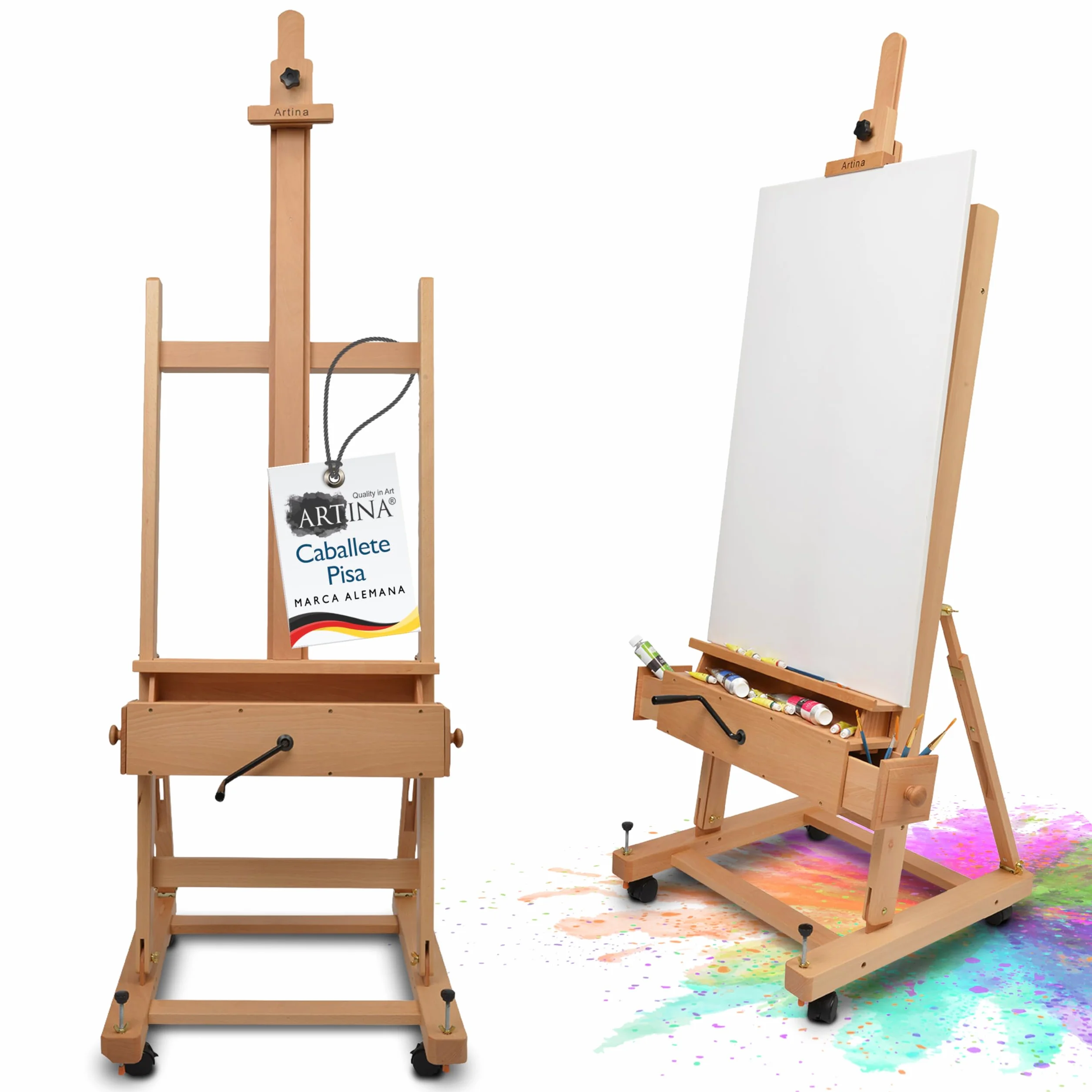 Artina Caballete de Pintura Profesional de Estudio con Ruedas Pisa - Caballete Profesional Madera Maciza de Haya - para Lienzos hasta 210cm de Altura con Cajones para Todos Sus Utensilios de Pintura