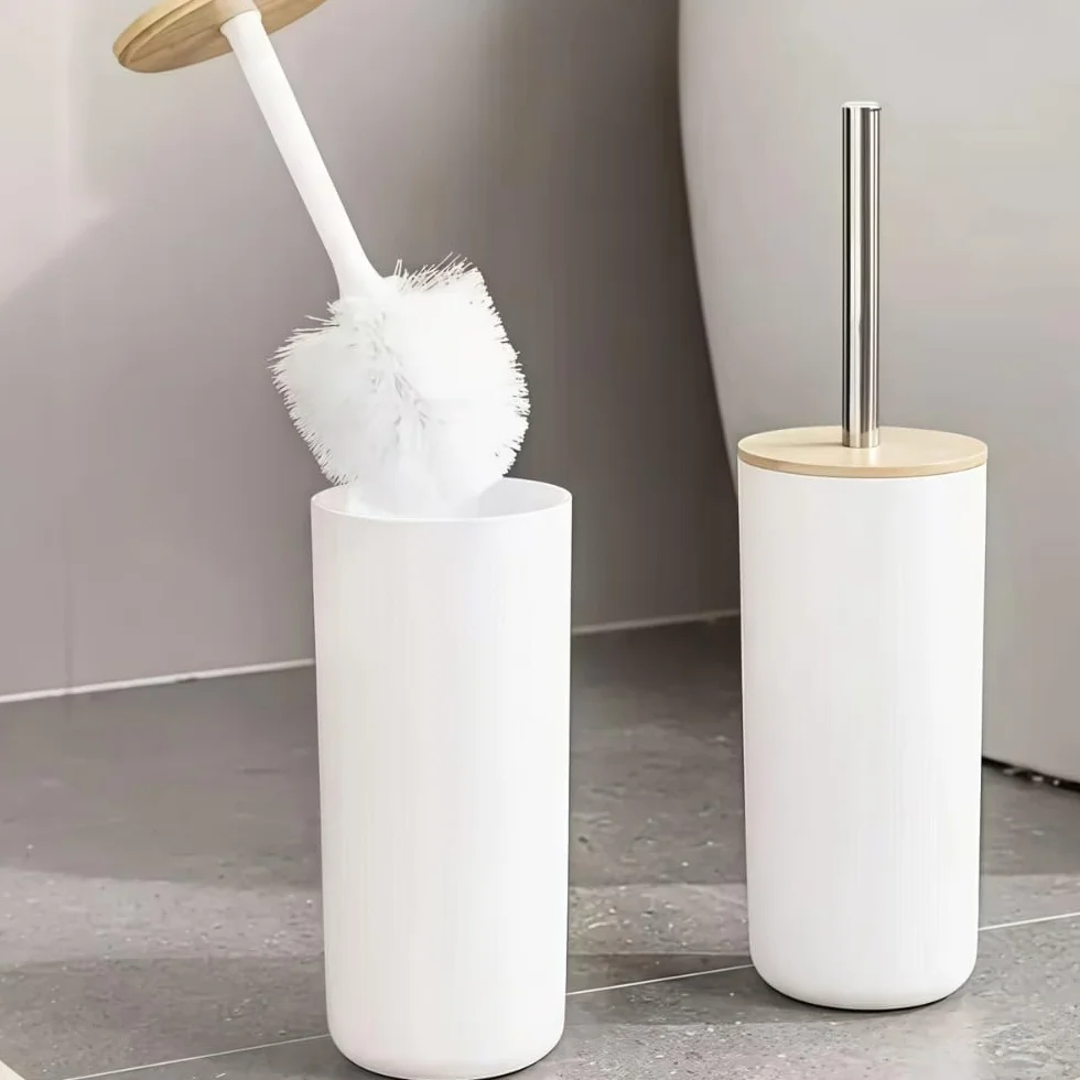 DAMDAM GO - Escobillero Plastico Blanco Palo Acero INOX Tapa Bambu 9,5x40 cm