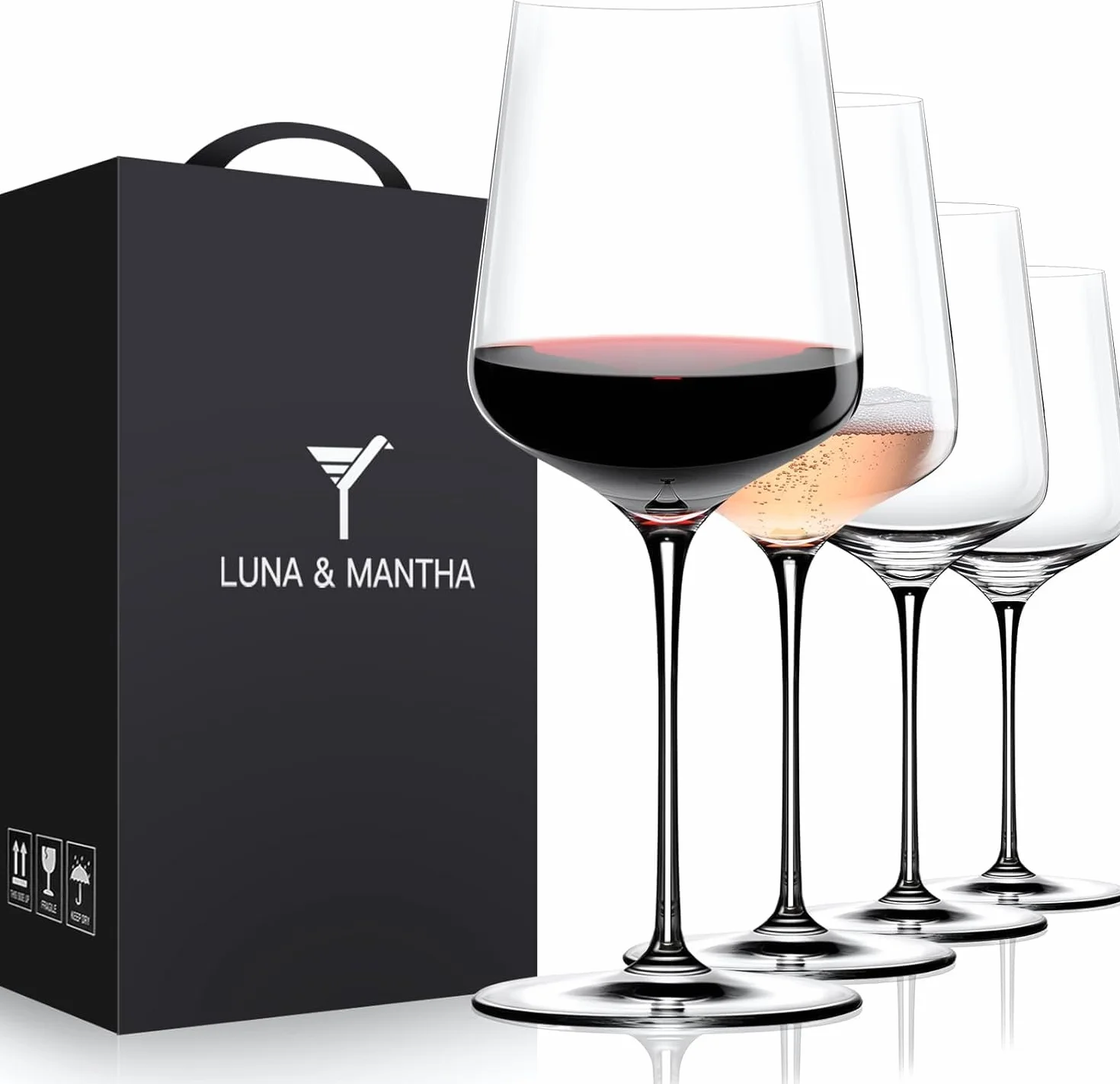 LUNA & MANTHA Juego de 4 copas de vino de cristal soplado a mano de 15 onzas con tallo, regalo ideal para tostadas en bodas o cumpleaños