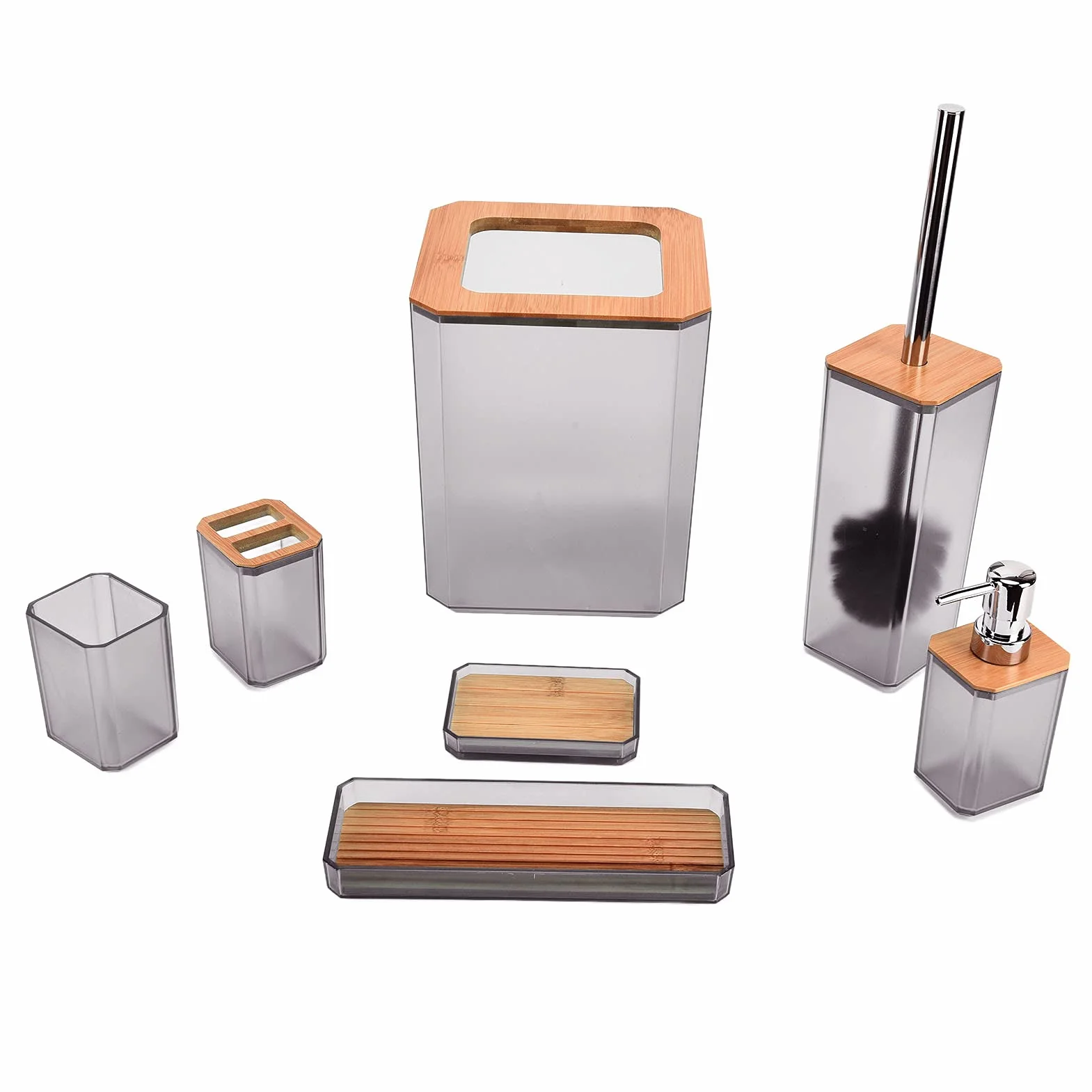Fdit Juego de Accesorios de Baño de bambú, 7 Piezas, ABS y Soporte para de bambú, Taza para Cepillo de Dientes, Bandeja para Bote de Basura, con Revestimiento de Resina Pesada, para (Grey)
