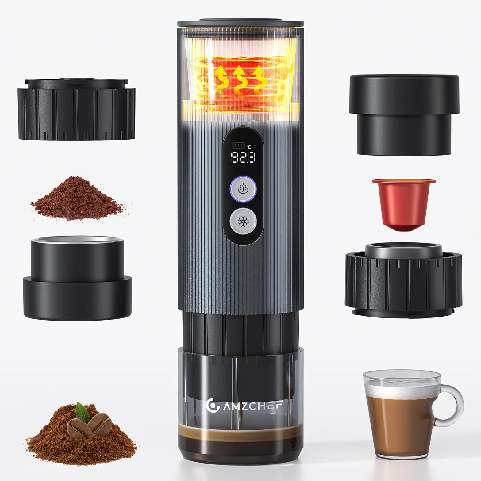 AMZCHEF Cafetera Portatil – 20 Bares, USB-C, Pantalla Digital,Compatible con Cápsulas – Cafetera Portátil Cápsula de Espresso para Viajes, Camping y Oficina,Aluminio