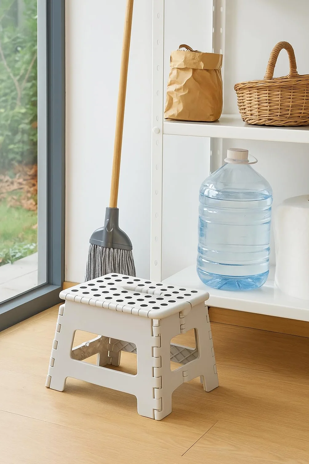 Taburete Plegable Antideslizante, Plástico Resistente hasta 100 kg, Compacto y Portátil con Asa, para Adultos y Niños, Ideal para Cocina, Baño y Hogar – (Blanco)