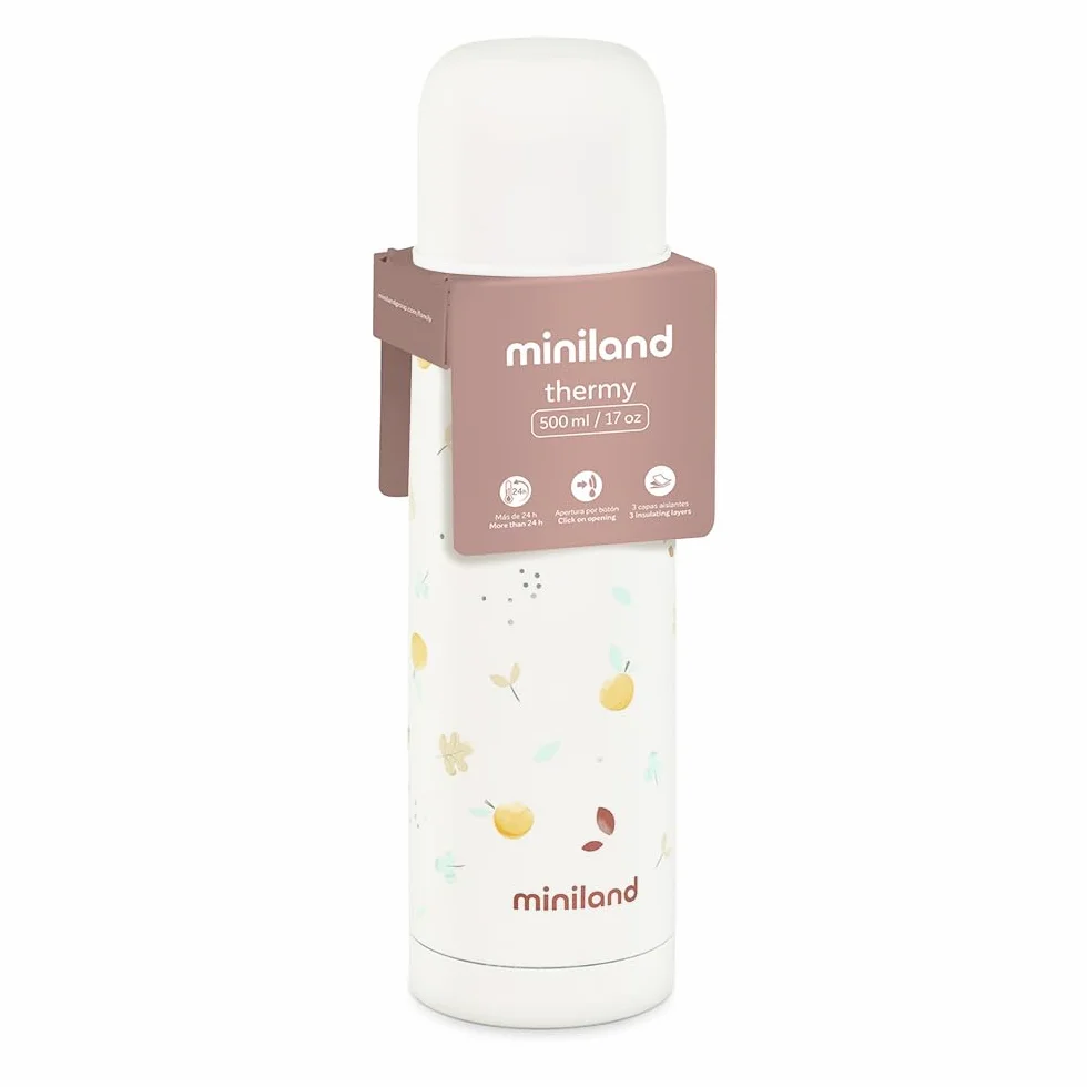 Miniland Termo Bebé para Líquidos 500ml de Acero Inoxidable, Mantiene Temperatura más de 12h Frío y Calor, Cierre Hermético y Sistema Antigoteo | Valencia