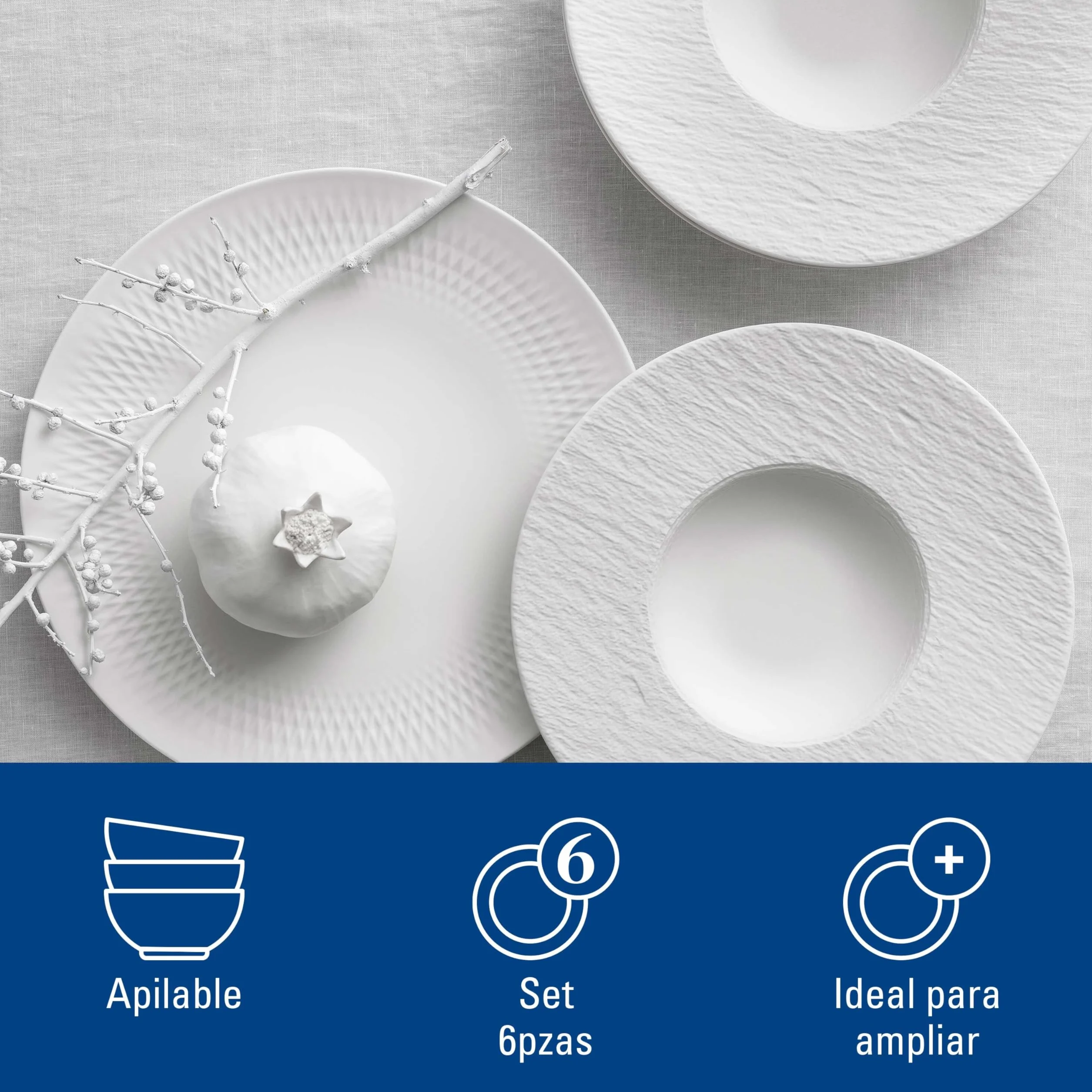 Villeroy & Boch - Manufacture Set Básico 6 Piezas Blanco, Apto para Lavavajillas, Apto para Microondas, Platos, Cuencos, Vajilla Negra, Porcelana Premium
