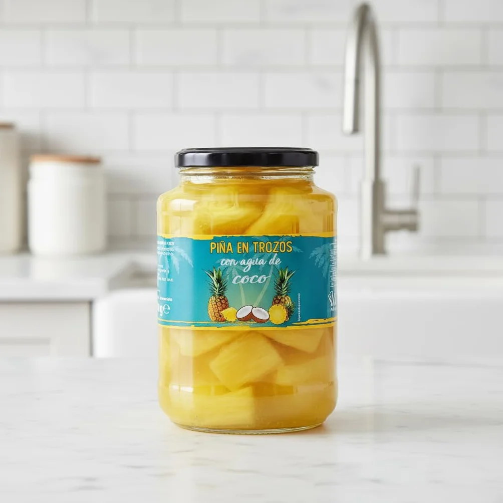 We Natural Piña en Trozos con Agua de Coco 1190g - Fruta en Tarro de Cristal 100% Natural sin Azúcares Añadidos - Snack Saludable 69 kcal por 100g